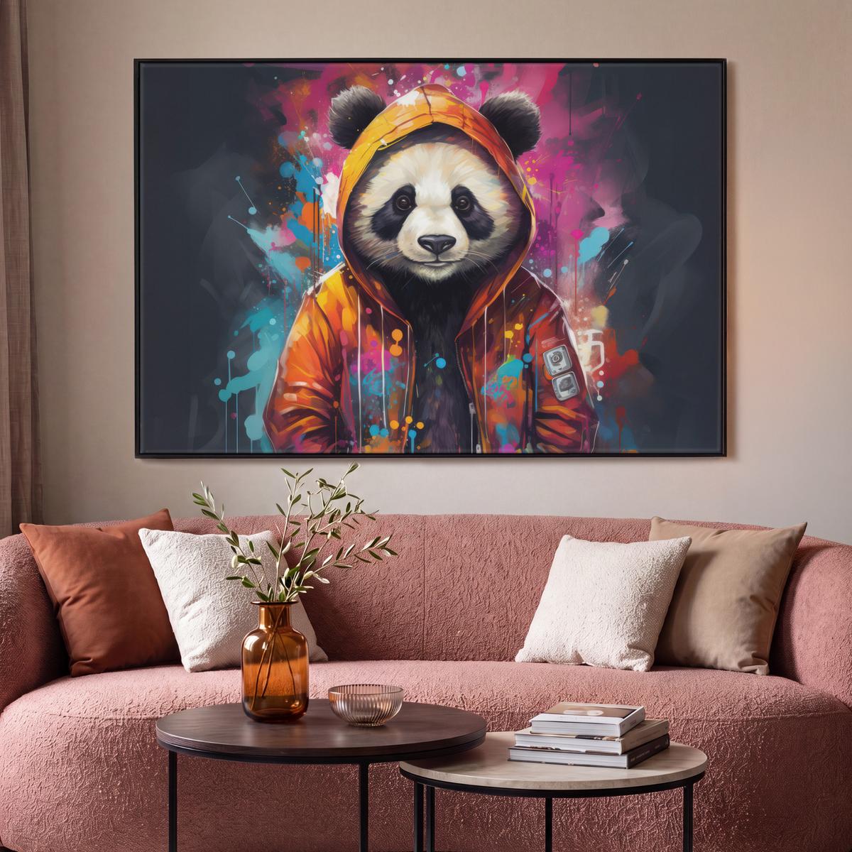 LEINWAND Bilder mit Rahmen - Panda - Jacke - Graffiti - Orange - 140x90 - Orange, Textil (140/90cm) - MuchoWow