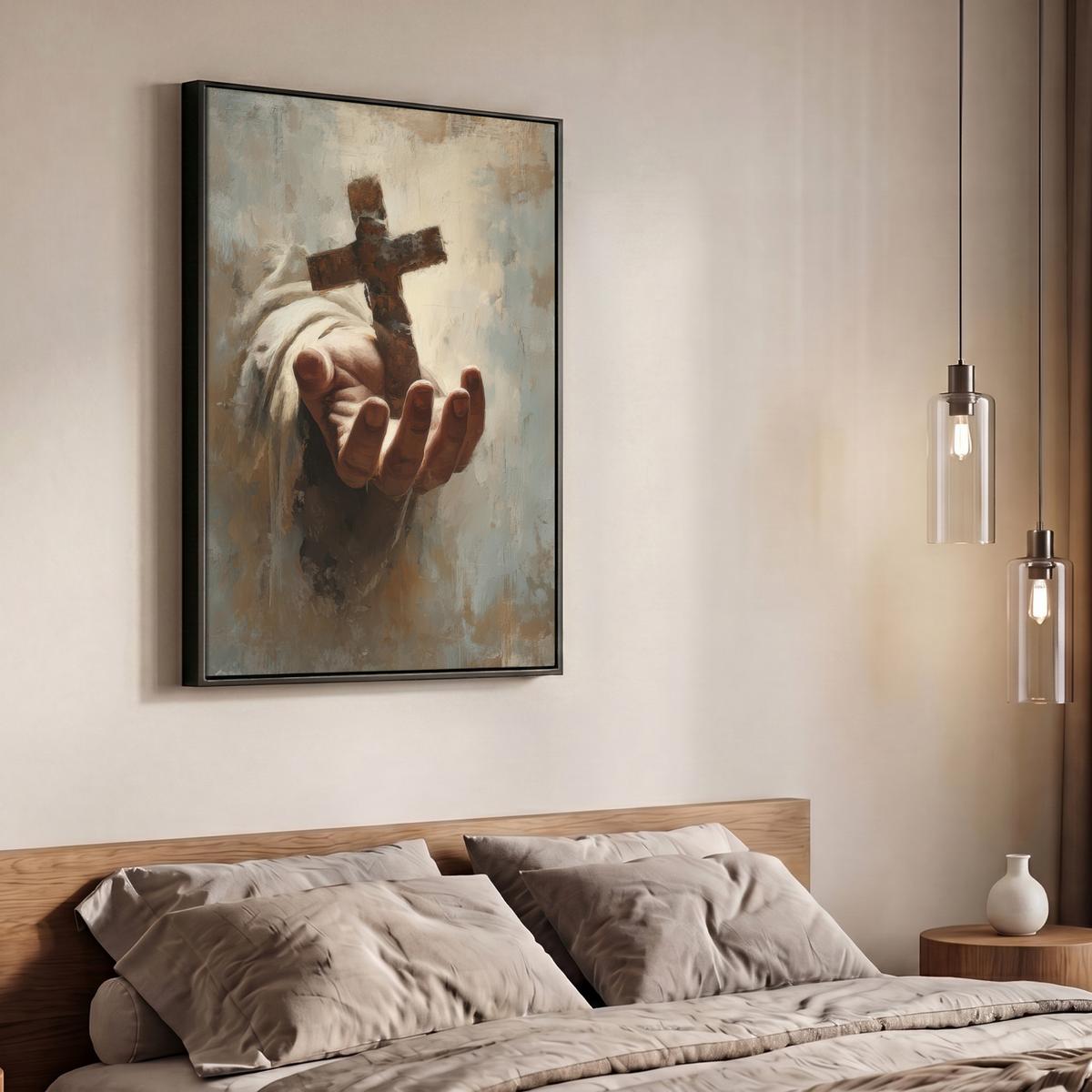 LEINWAND Bilder mit Rahmen - Abstrakt - Kreuz - Hand - Christentum - 70x100 - Hellbraun, Textil (70/100cm) - MuchoWow