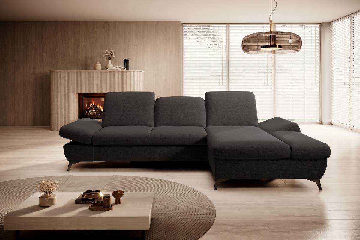 ECKSOFA FELICE R-S Grau Geflochtener Stoff mit Schlaffunktion - Grau, Holz (284/166cm) - MASSENO