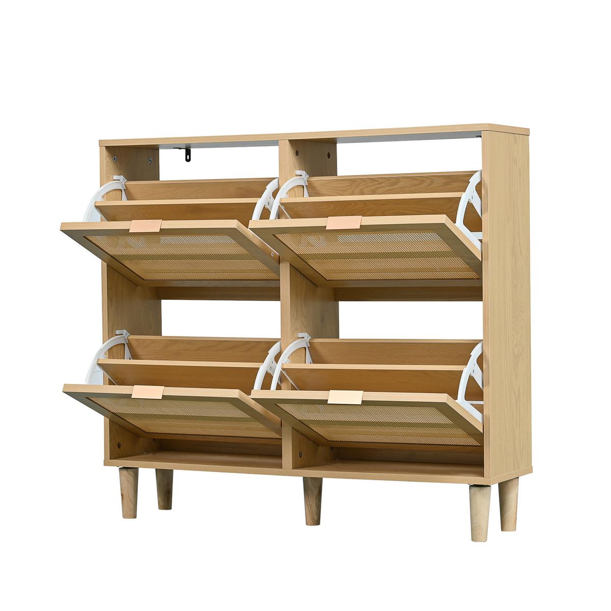 SCHUHSCHRANK mit Rattan-Front & 4 Klappen in Eiche-Optik - Sonoma Eiche, Holzwerkstoff (100/90/25cm) - Urban Meuble