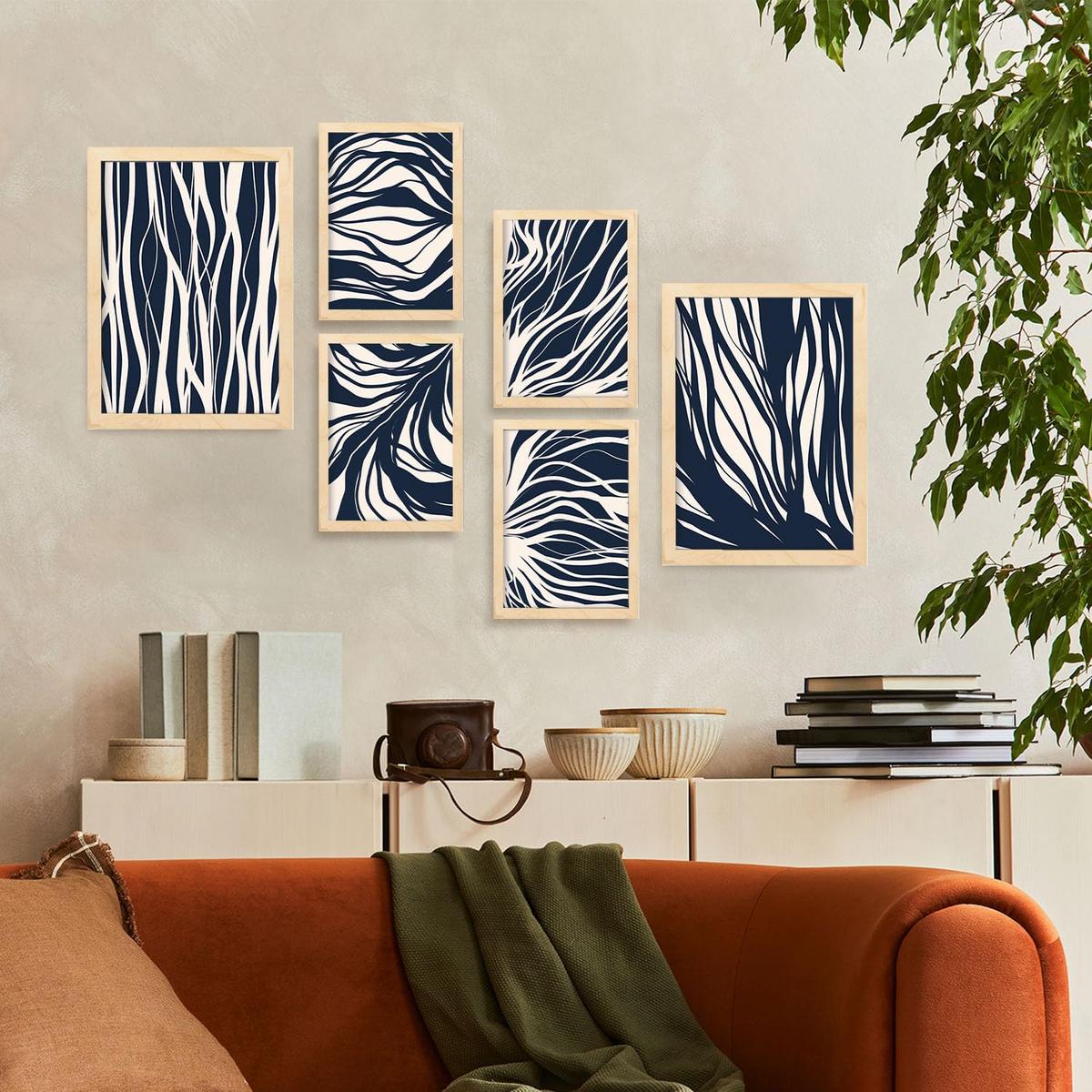 POSTER Set Mit 6 Zweigmuster In Abstrakter Form Ästhetische Dekodrucke Für Ihr Wohnzimmer, Schlafzimmer Oder Zuhause A3 & A4 Rahmen Aus Hellem Holz - Beige, Papier (29/3cm) - Nacnic