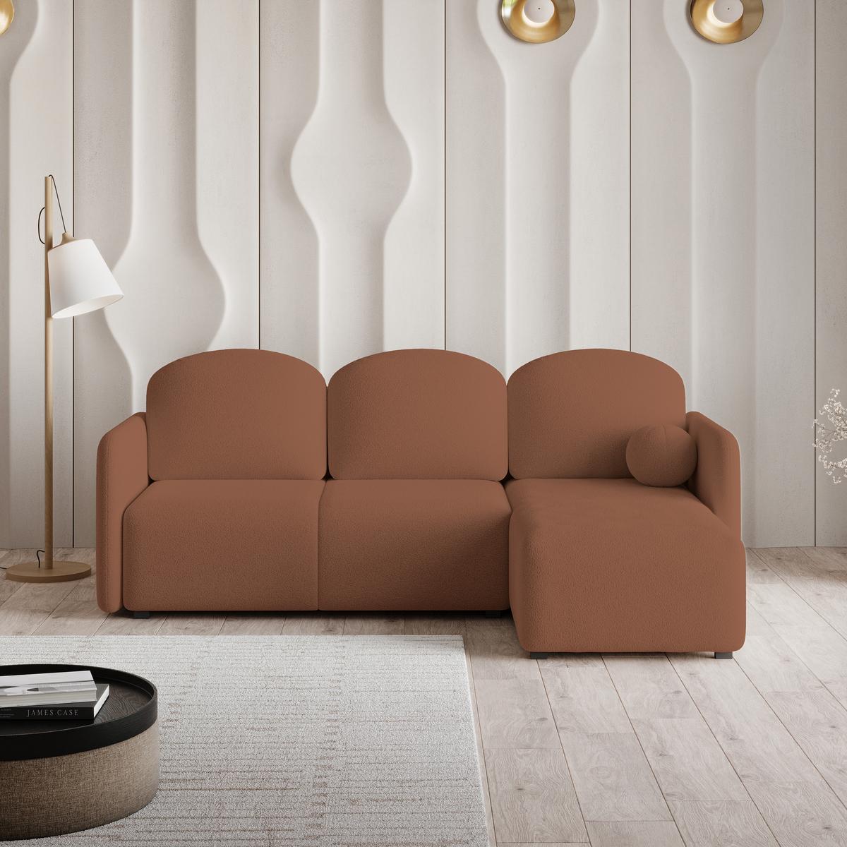 ECKSOFA SUVINO Kupferfarben Boucle-Stoff mit Schlaffunktion - Kupferfarben, Holz (230/143cm) - MASSENO