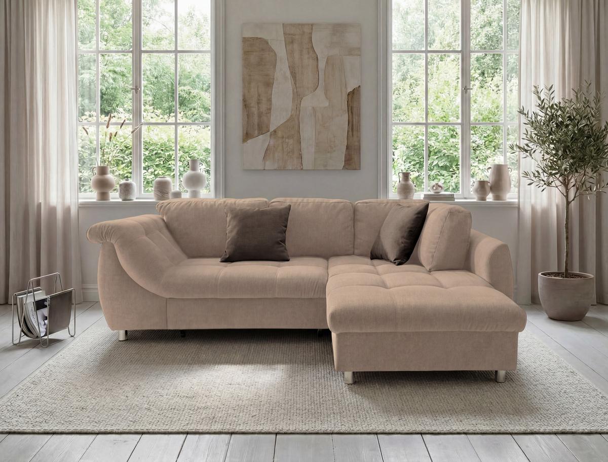 ECKSOFA mit Schlaffunktion, Wellenunterfederung, Ottomane rechts B250/T190/H84 cm, Liegefl. 179x190 cm, Mikrofaser Hellbraun / 17011 - Hellbraun/Chromfarben, Textil/Metall (250/190cm) - luma-home
