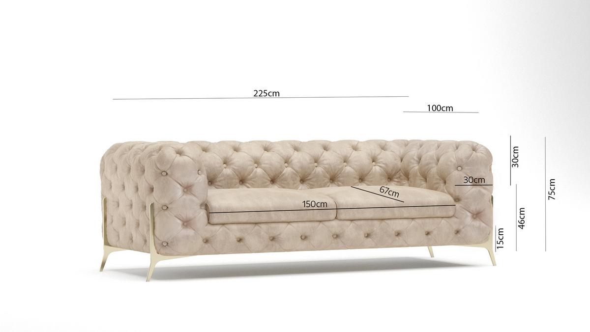 CHESTERFIELD-SOFA 3-Sitzer Vertex Beige Samt - Beige/Goldfarben, Holz/Textil (225/75/100cm) - S-Style Möbel