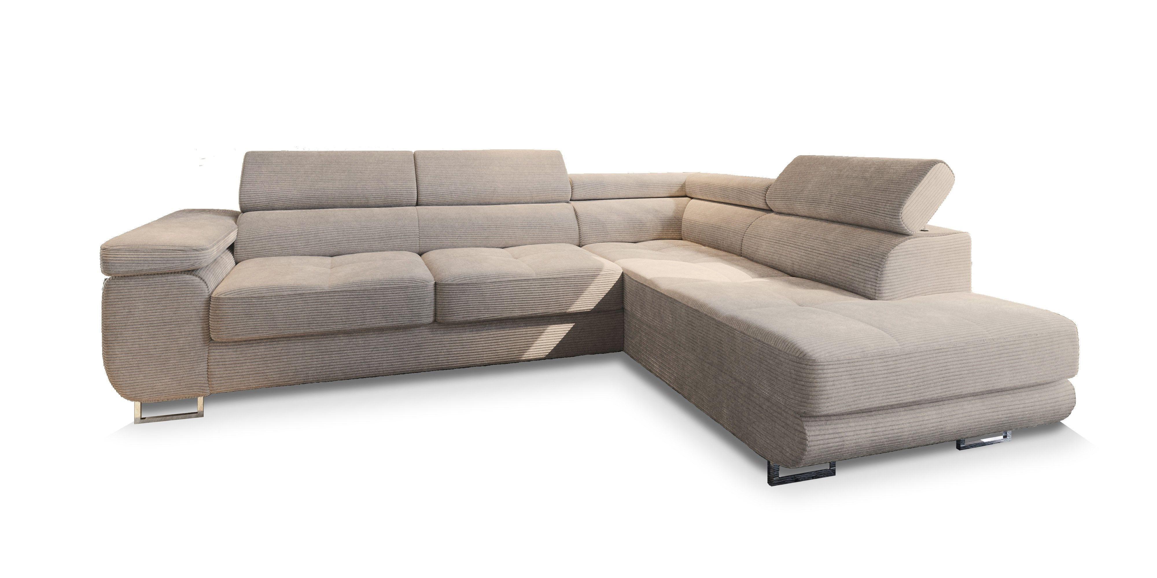 ECKSOFA APIRO R-S Beige Kordstoff mit Schlaffunktion - Beige/Silberfarben, Holz/Textil (276/202cm) - MASSENO