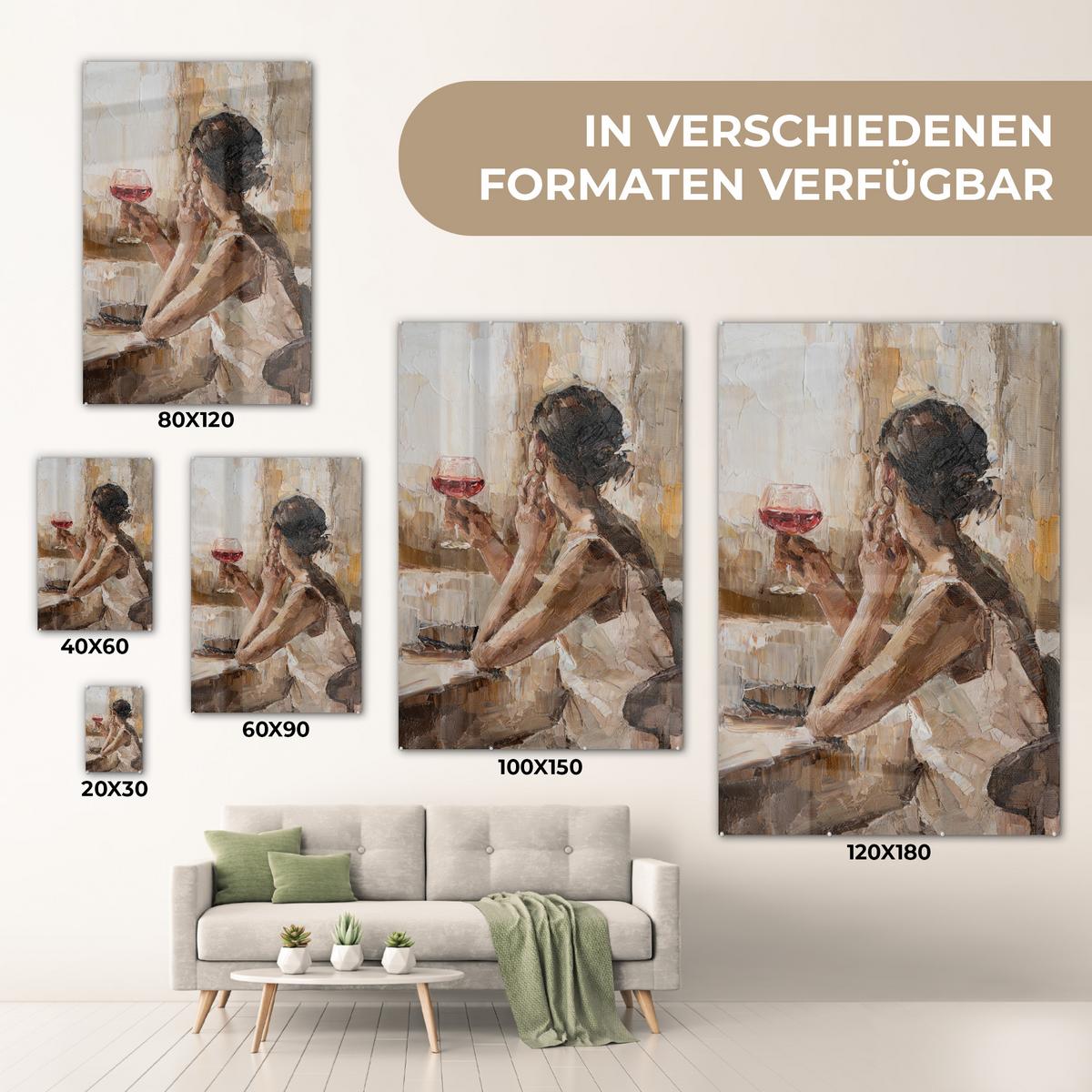 ACRYLGLASBILD Ölgemälde - Frau - Wein 80x120 cm - Hellbraun, Glas (80/120cm) - MuchoWow
