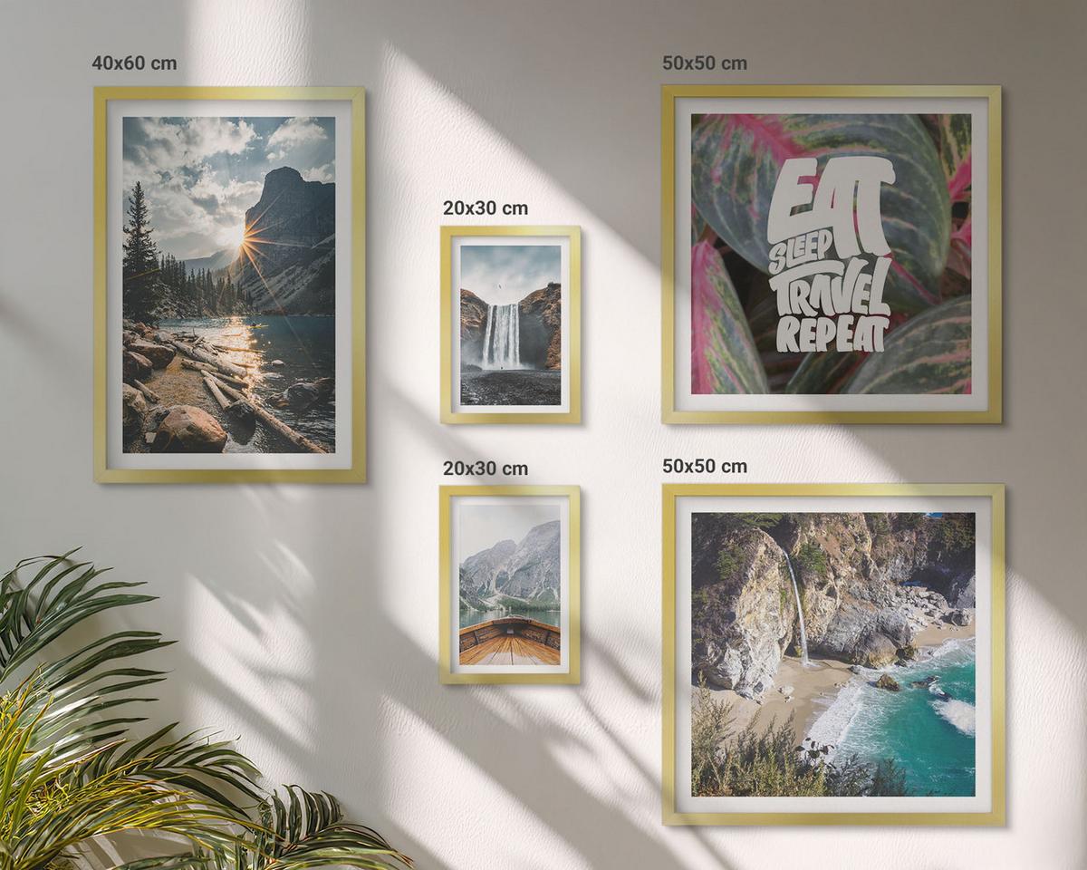 BILDER SET 5er Set - 50x50 cm & 20x30 cm & 40x60 cm Goldrahmen - Wasserfall Bergreise Natur - Goldfarben, Kunststoff (40/60cm) - TULUP