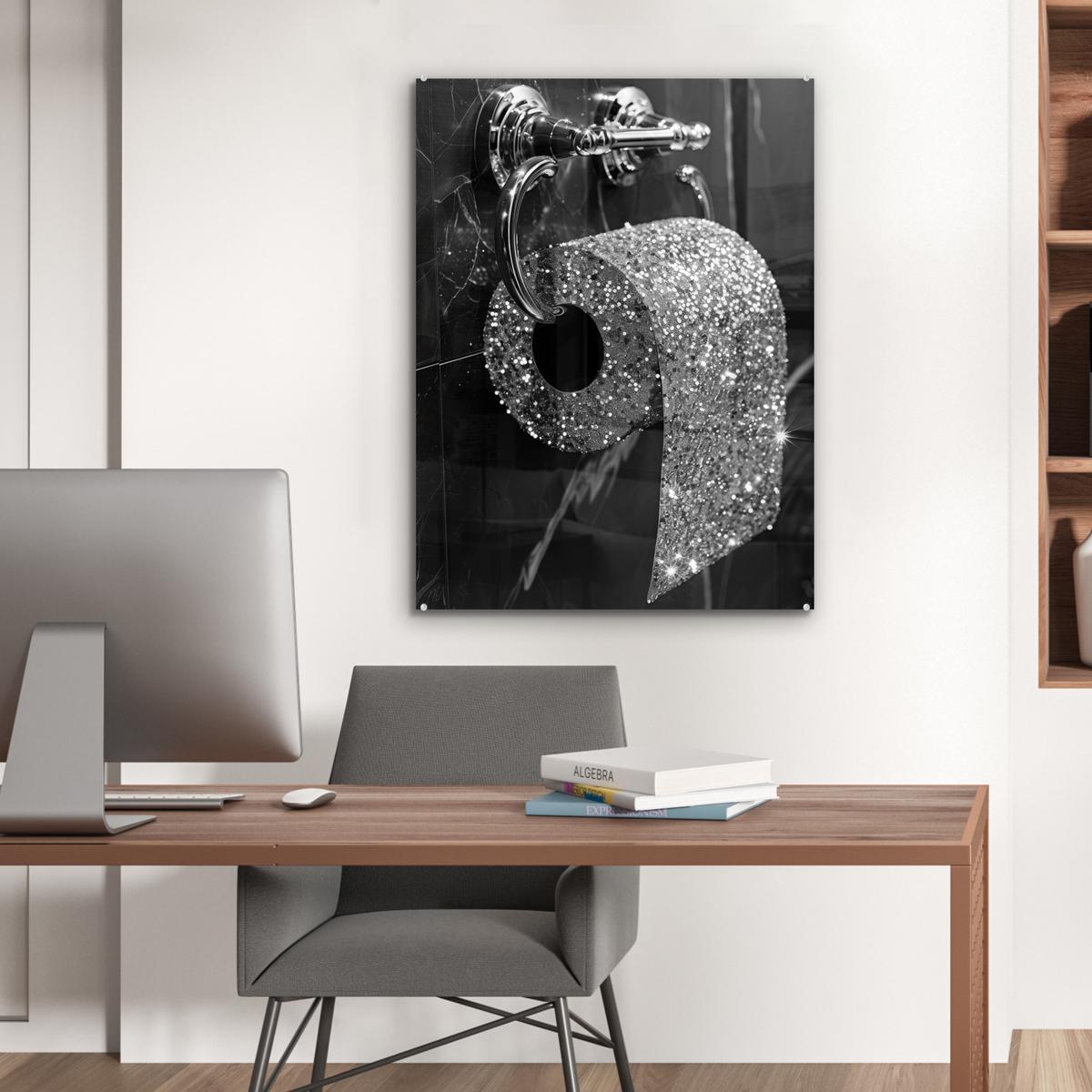 ACRYLGLASBILD WC - Toilettenpapier - Schwarz und weiß - Glitter 60x80 cm - Silberfarben, Glas (60/80cm) - MuchoWow