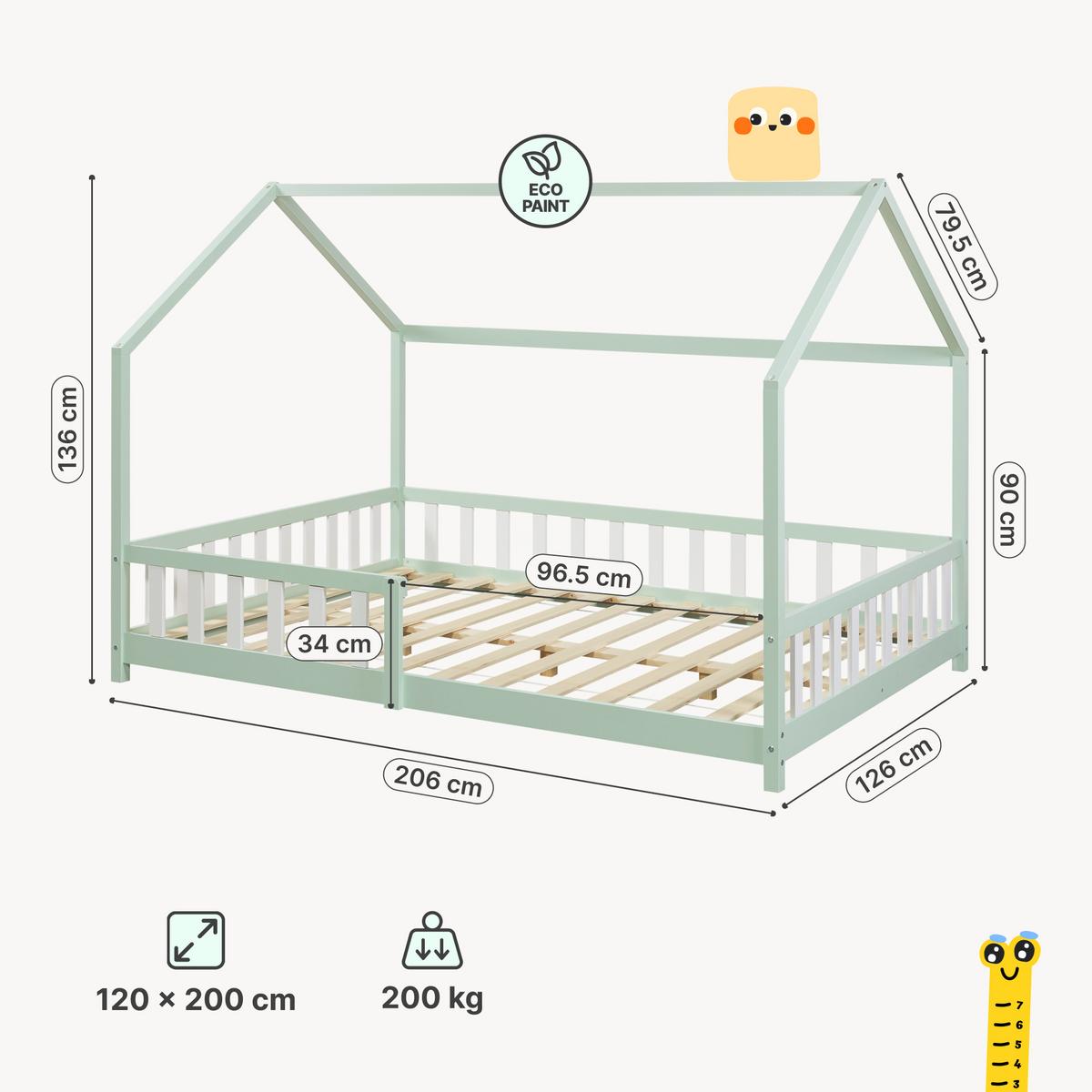 HAUSBETT Hesel - Weiß/Mintgrün, Holz (120/200cm) - [en.casa]