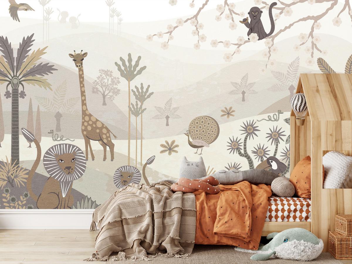 FOTOTAPETE für Kinderzimmer Safari Wilde Tiere Dschungel Boho Palmen Giraffe 400x280 - Beige/Creme, Papier (400/280cm) - Muralo