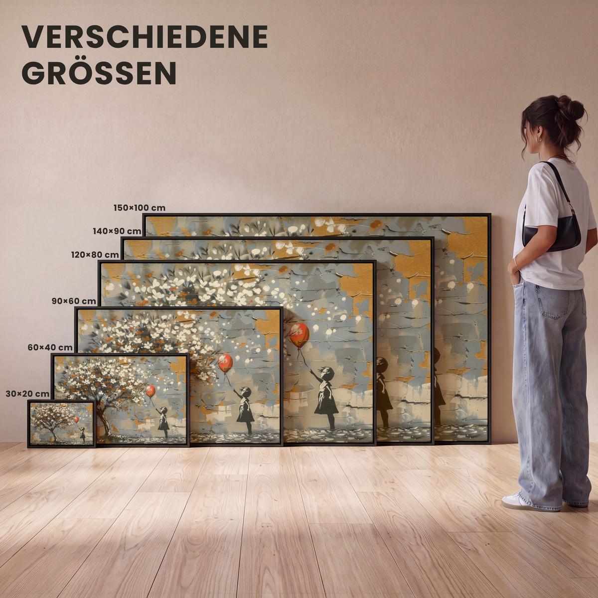 LEINWAND Bilder mit Rahmen - Baum - Graffiti - Banksy-Stil - Ballon-Mädchen - 140x90 - Blaugrau, Textil (140/90cm) - MuchoWow