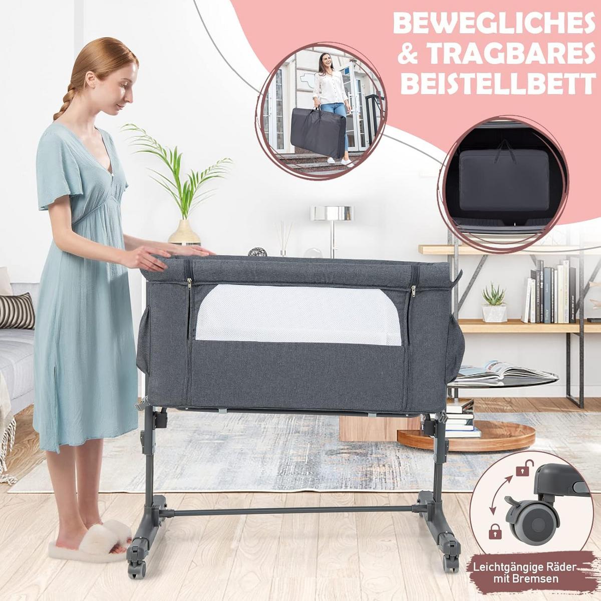 BABYBETT 3 in 1 Beistellbett Grau - Grau, Metall - COSTWAY