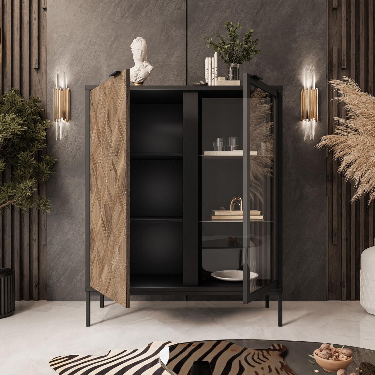 VITRINE LIAM mit Beleuchtung - Schwarz, Holzwerkstoff (101/124/41cm) - Lookway