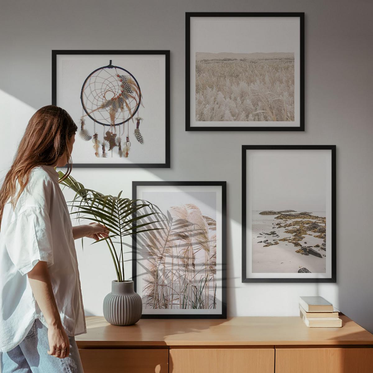 BILDER SET 4er Set - 50x50 cm & 40x60 cm Schwarzer Rahmen - Wiesen, Strand, Boho-Stil - Schwarz, Kunststoff (50/50cm) - TULUP