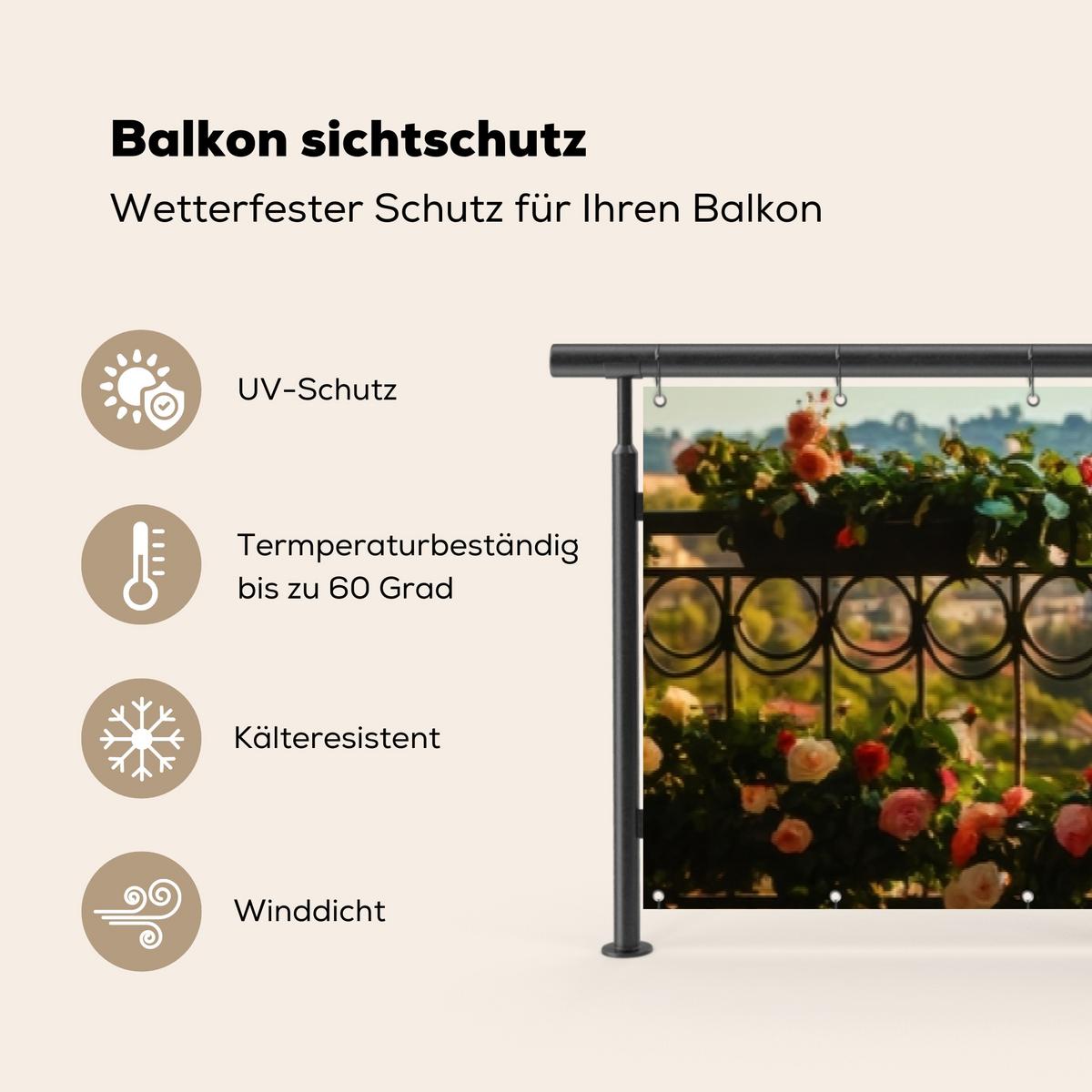 BALKON-SICHTSCHUTZ Blumen - Zaun - Stadtbild - Sommer Groß 500x90 cm - Pink, Kunststoff (500/90cm) - MuchoWow
