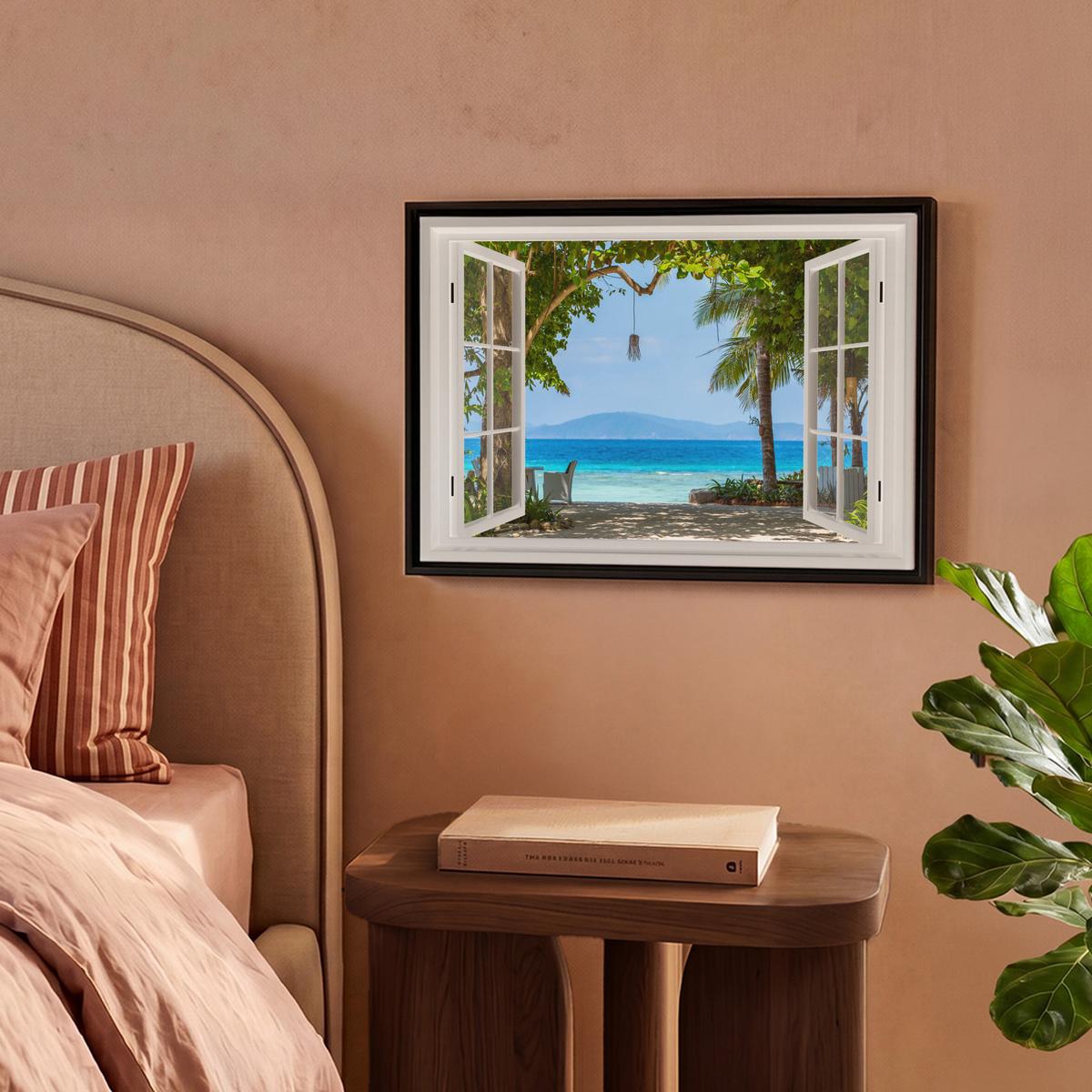LEINWAND Bilder mit Rahmen - Aussicht - Baum - Meer - Palme - Hügel - Strand - Blau - 40x30 - Blau, Textil (40/30cm) - MuchoWow