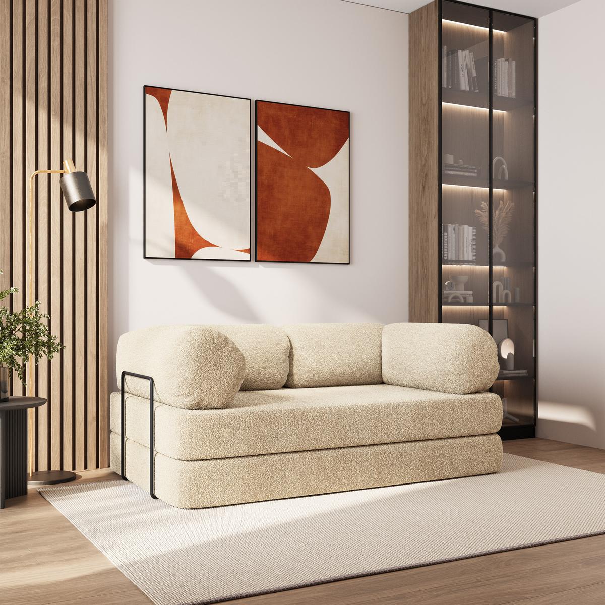 BETTSOFA EIREN aus Schaumstoff Bucle-Stoff Creme Schlaffunktion - Creme, Textil (170/68/80cm) - MASSENO