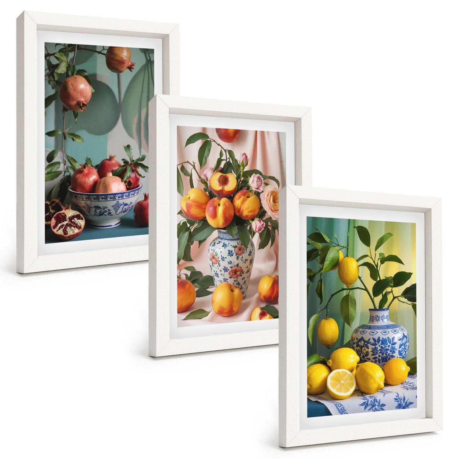 BILDER SET 3er Set - 20x30 cm Weißer Rahmen - Granatäpfel, Pfirsiche, Zitronen - Weiß, Kunststoff (20/30cm) - TULUP