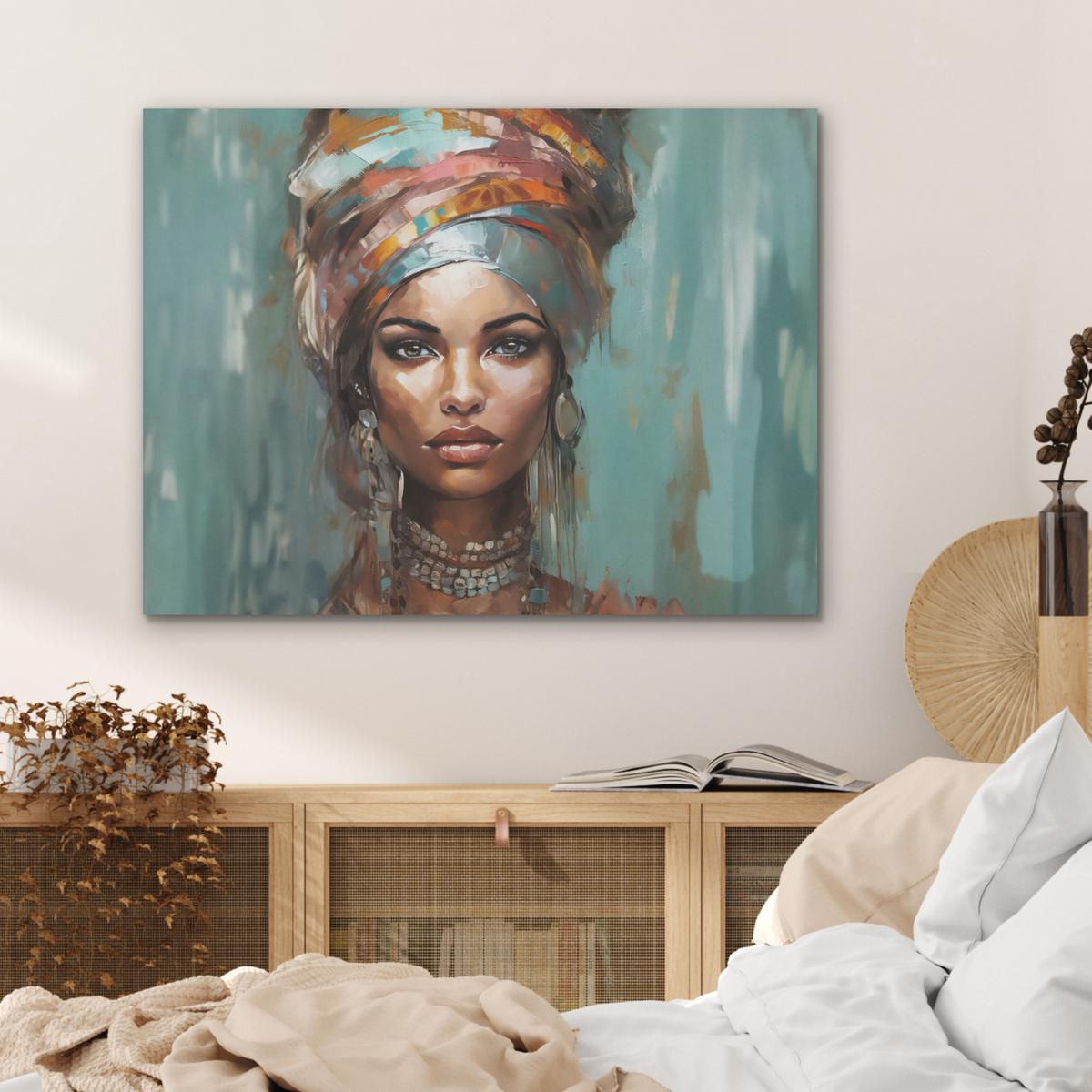 AKUSTIKBILD Frau - Kunst - Schmuck - Porträt Gemälde 80x60 cm - Blaugrau, Kunststoff (80/60/0.9cm) - MuchoWow