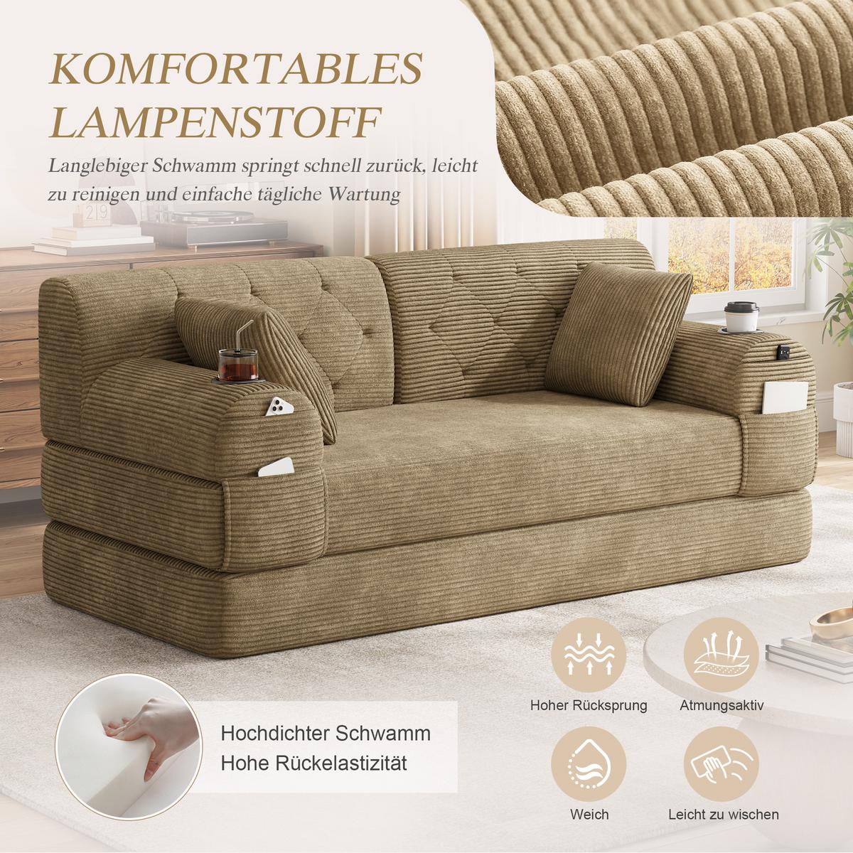 SCHLAFSOFA 2-Sitzer Cord mit Schlaffunktion, Getränkehalter & Taschen - Sandfarben, Textil (168/81/80cm) - Urban Meuble