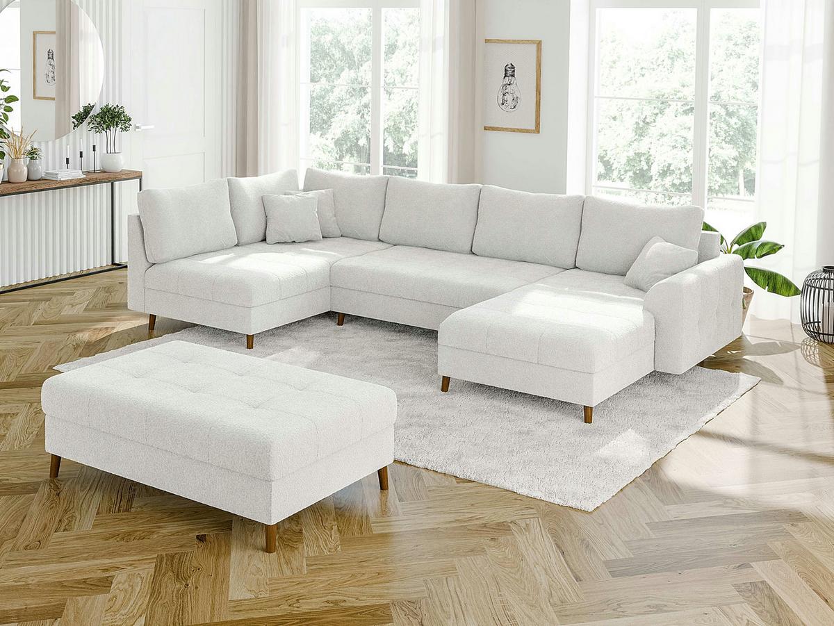 WOHNLANDSCHAFT inkl. Hocker Henrik Weiß Boucle - Weiß/Braun, Holz/Textil (310/81/161cm) - S-Style