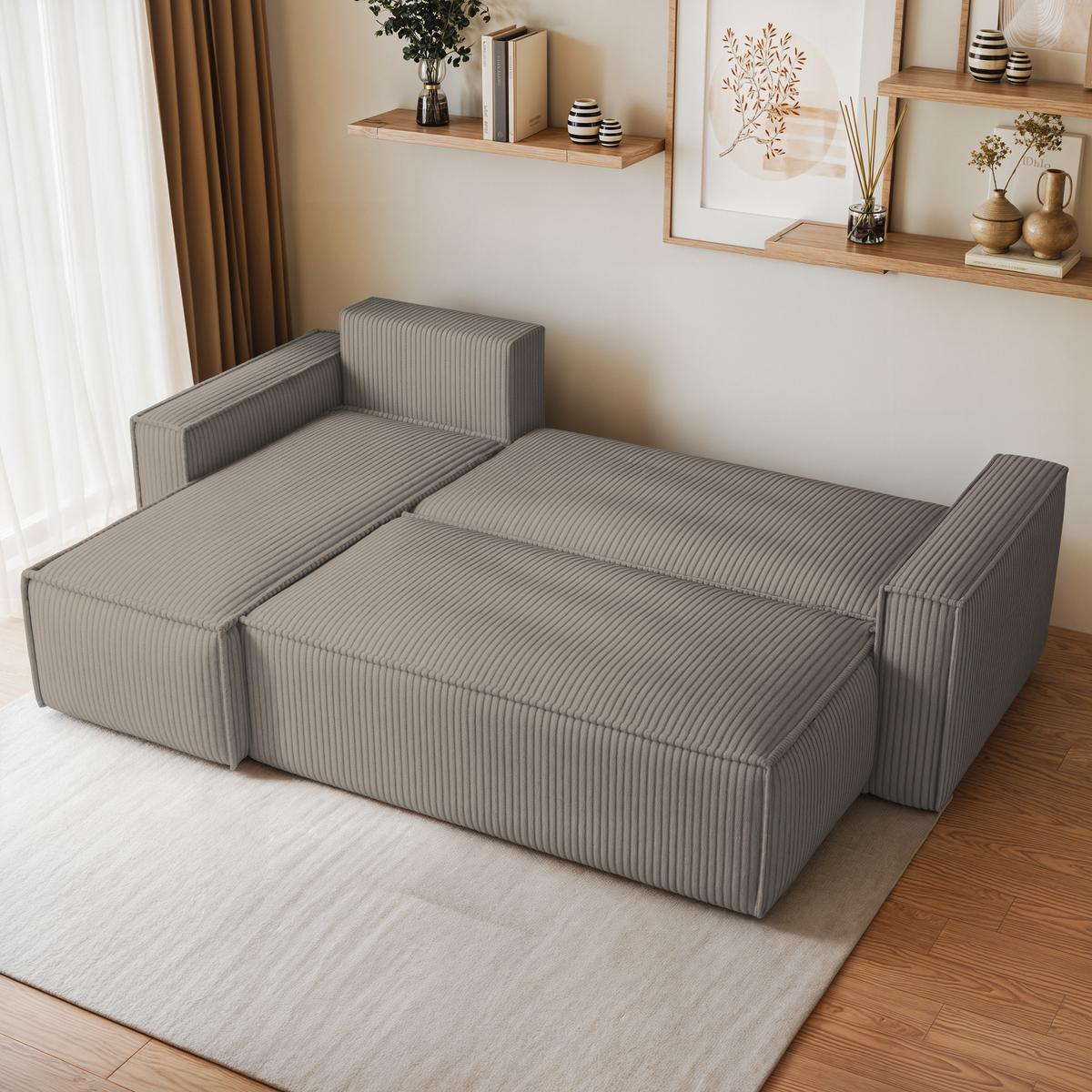ECKSOFA RAVELO P Beige Kordstoff mit Schlaffunktion - Beige/Grau, Holz/Kunststoff (240/140cm) - MASSENO