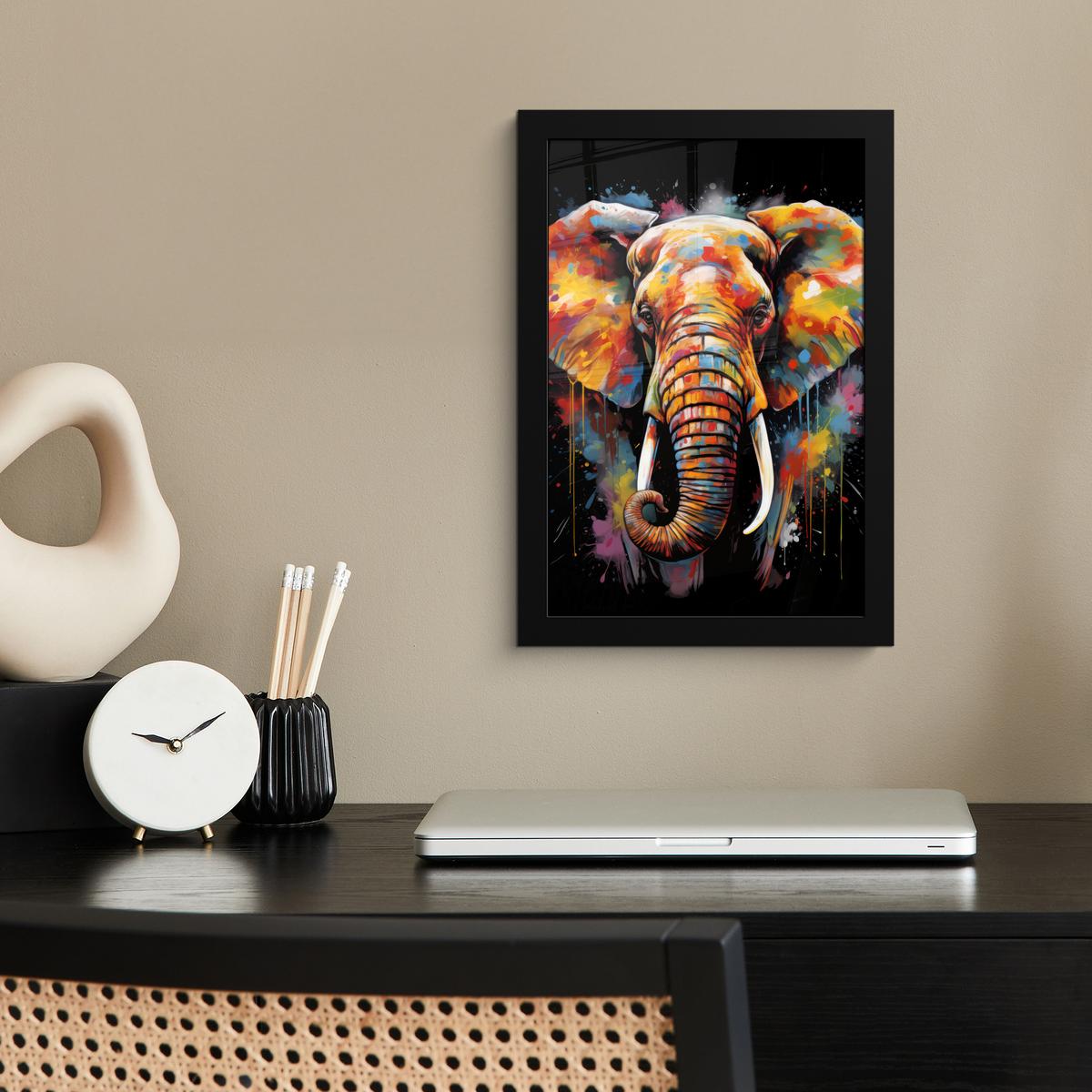 POSTER MIT RAHMEN Elefant - Graffiti - Schwarz - Tiere - Farben Poster 20x30 cm - Schwarz, Papier (20/30cm) - MuchoWow