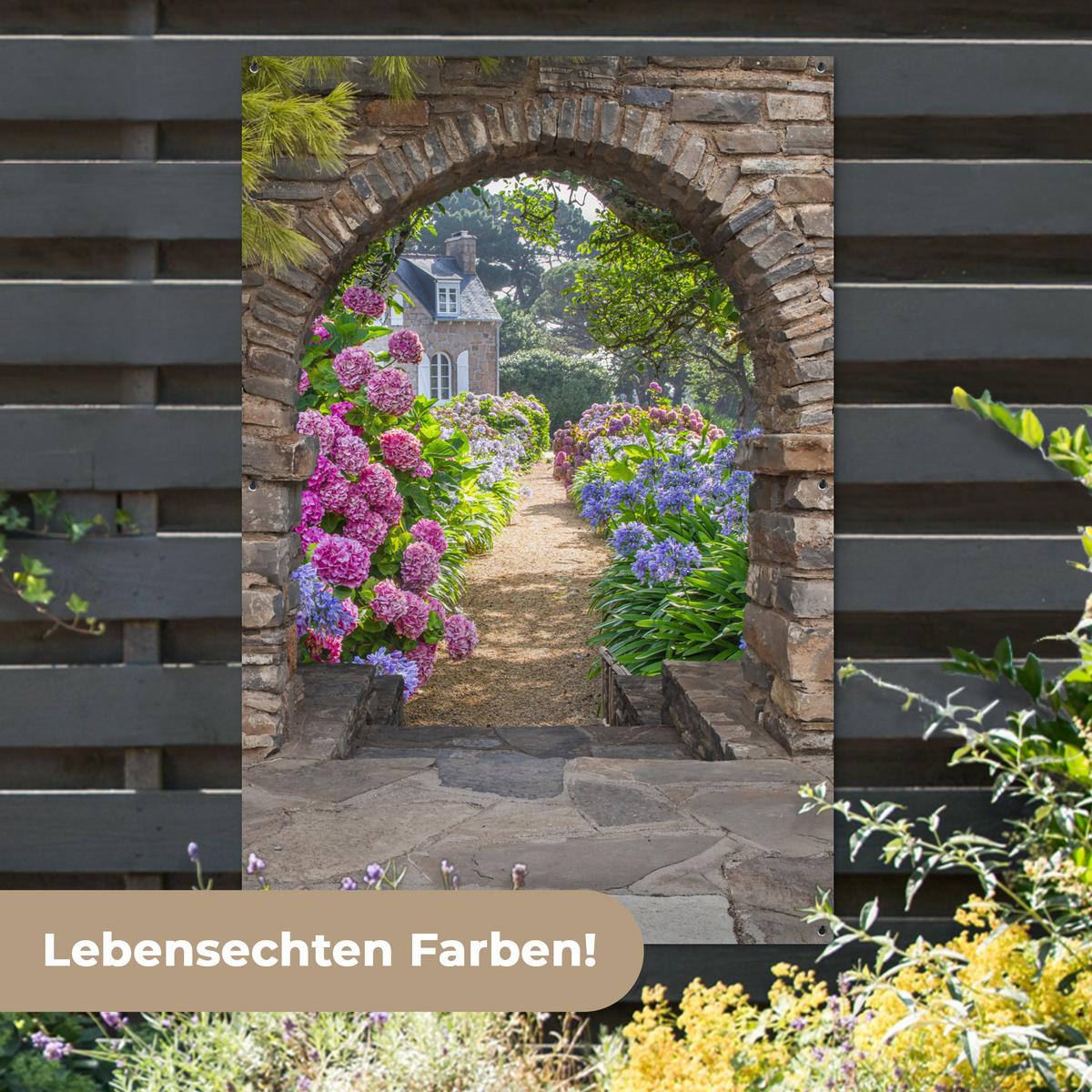 GARTENPOSTER Blumen - Guck-guck - Hortensie - Sommer Bild 120x180 cm - Braun, Kunststoff (120/180/0.2cm) - OnlyWow