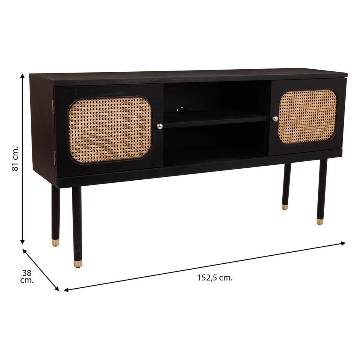 SIDEBOARD aus Holz und Bambusgitter mit zwei Türen, schwarz, 153x38x81 cm - Schwarz, Holz (152.5/81/38cm) - Wanderlust