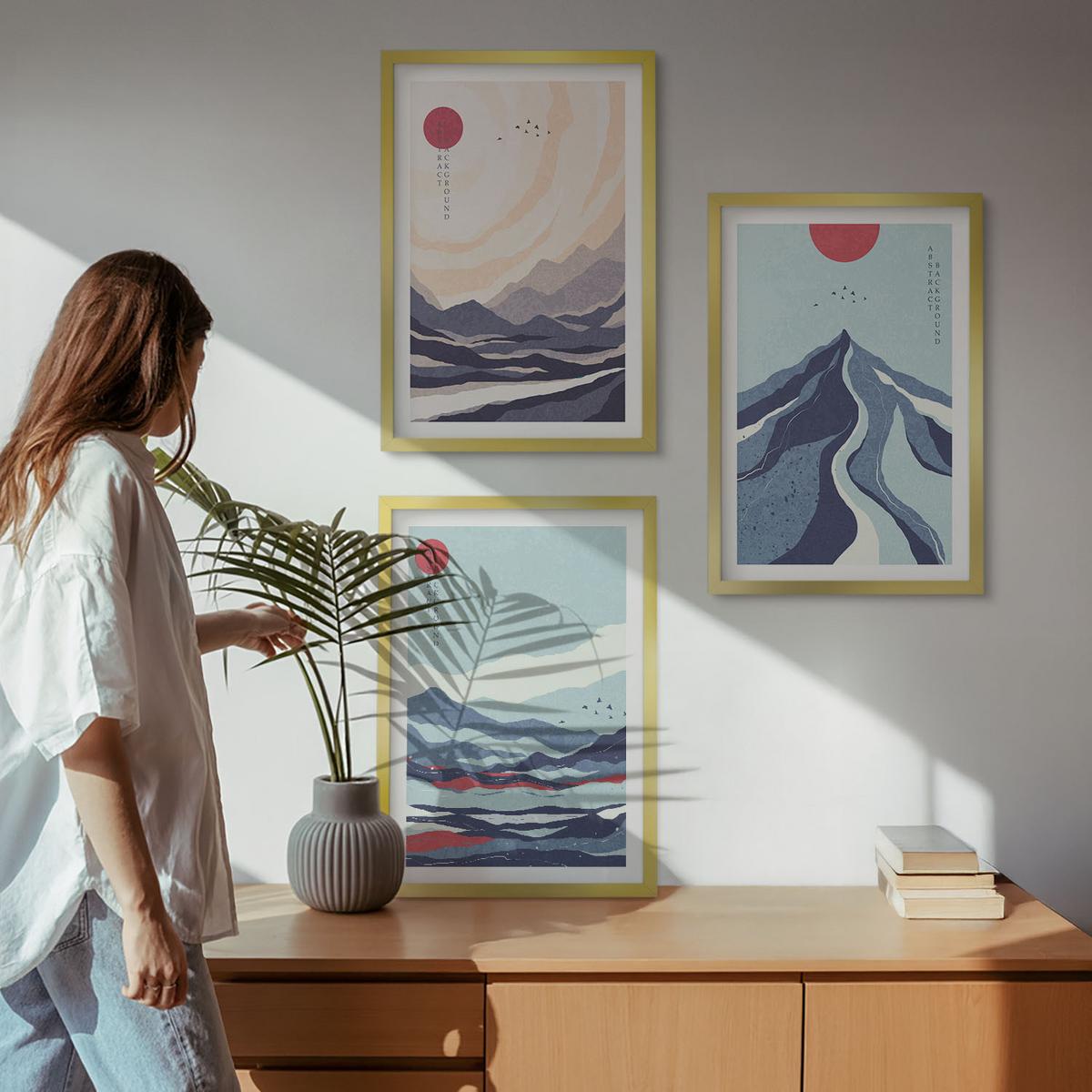 BILDER SET 3er Set - 40x60 cm Goldrahmen - Abstrakte japanische Berge - Goldfarben, Kunststoff (40/60cm) - TULUP
