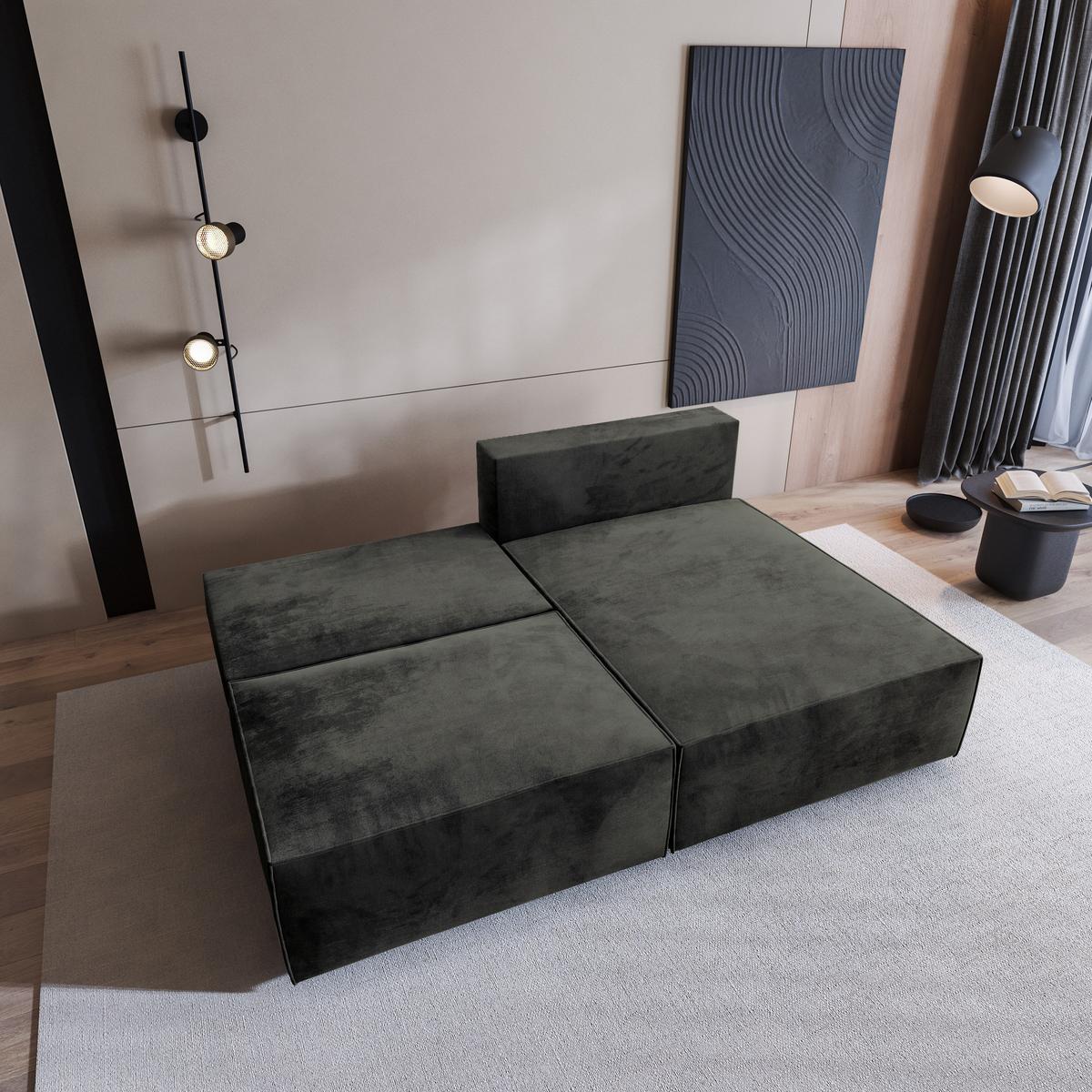 ECKSOFA FIORO M Schwarz Velours-Stoff mit Schlaffunktion - Schwarz/Grau, Holz/Kunststoff (204/148cm) - MASSENO