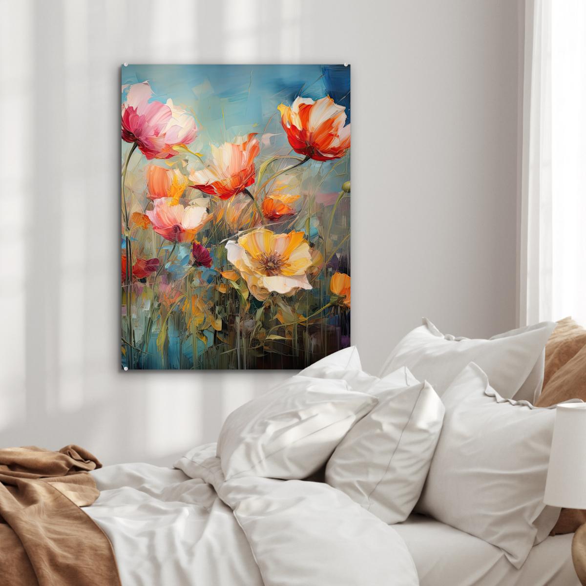 ACRYLGLASBILD Blumen - Aquarell - Kunst - Botanisch - Natur 60x80 cm - Orange, Glas (60/80cm) - MuchoWow
