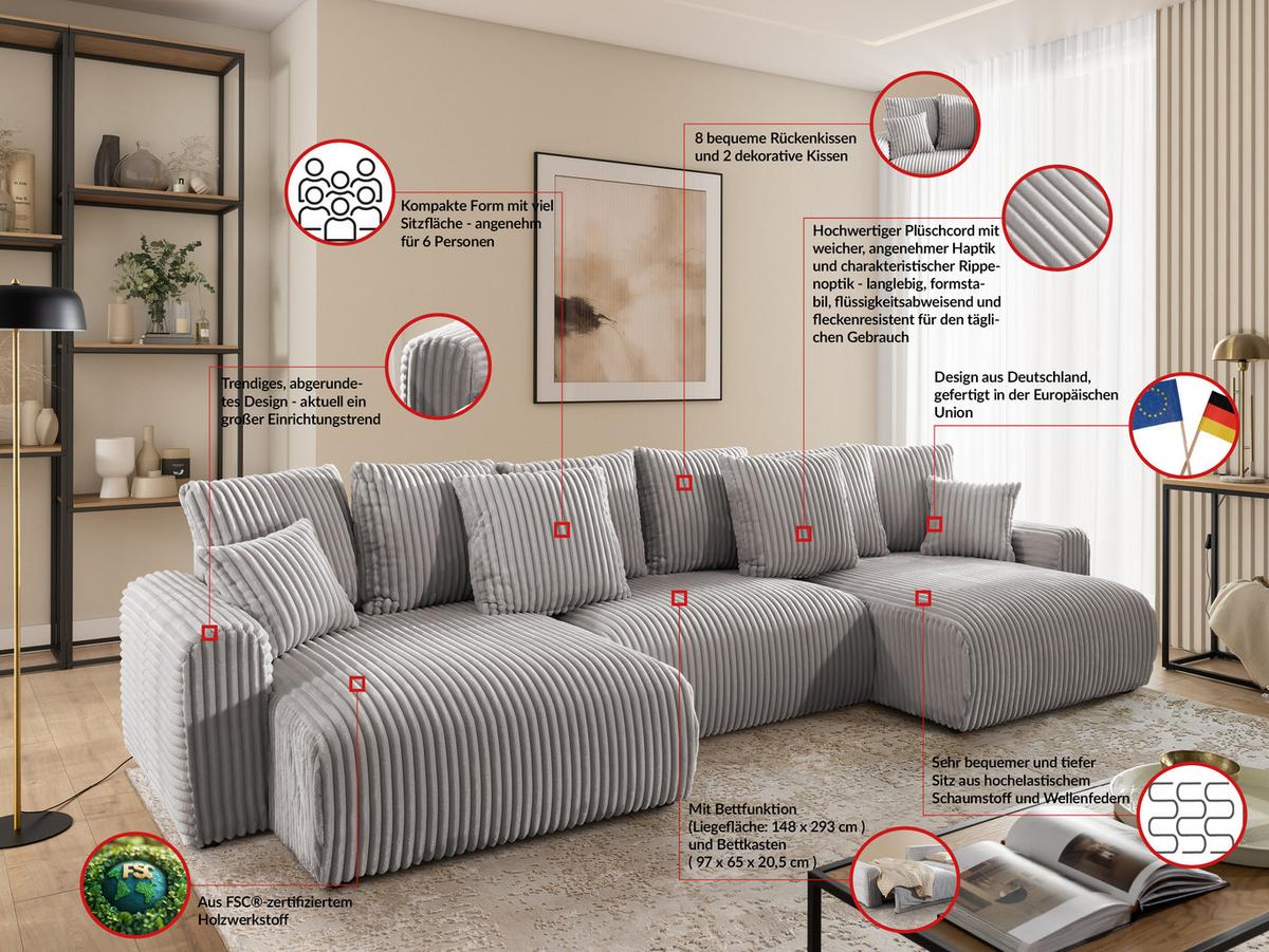 WOHNLANDSCHAFT Calma mit Schlaffunktion und Bettkasten im Bumpy-Design aus weichem Hellgrau Plüschcord - Beige/Hellgrau, Holz/Textil (336/88/140cm) - S-Style