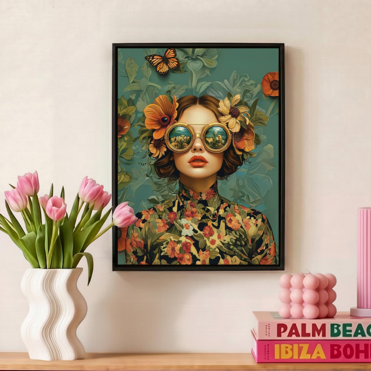 LEINWAND Bilder mit Rahmen - Frau - Blumen - Schmetterlinge - Natur - Vintage - 30x40 - Salbeigrün, Textil (30/40cm) - MuchoWow