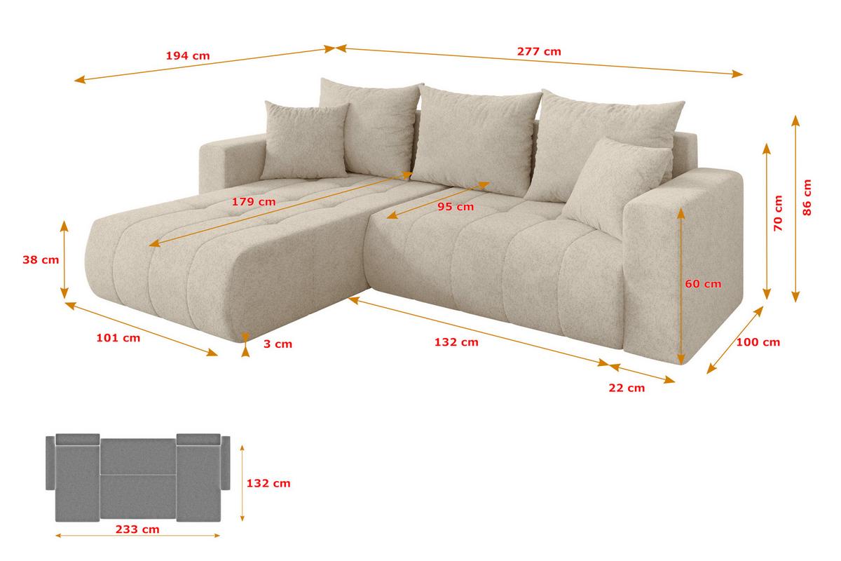 ECKSOFA mit Schlaffunktion Ottomane Links MILA-L 277x194x86 Creme Velours - Creme/Schwarz, Holzwerkstoff/Kunststoff (277/194cm) - ALTDECOR