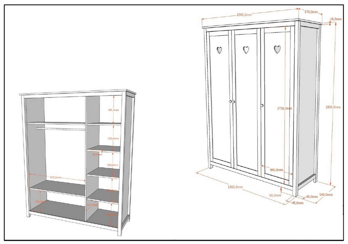 KINDERZIMMERSCHRANK Kamila 159x57x191 mit 3 Türen MDF+Massivholz Weiß - Weiß, Holzwerkstoff (159/191/57cm) - 58aufmkessel