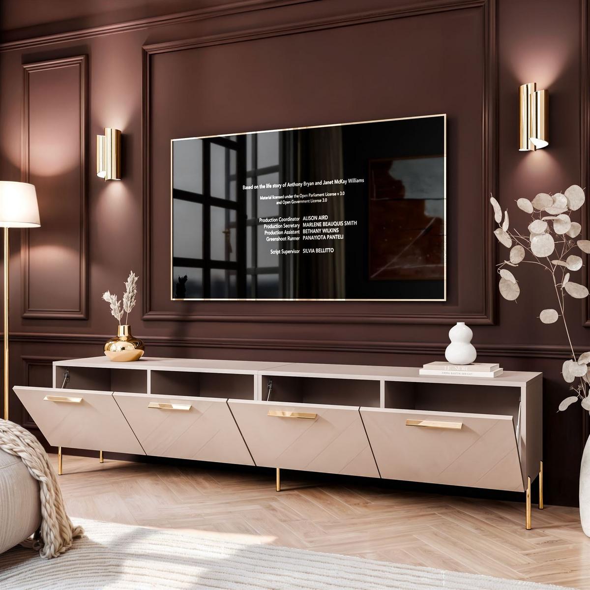 TV-ELEMENT AURA 200 KASCHMIR Hochglanz auf geraden goldenen Beinen + LED - Kaschmir/Goldfarben, Holzwerkstoff (200/50/40cm) - Lookway