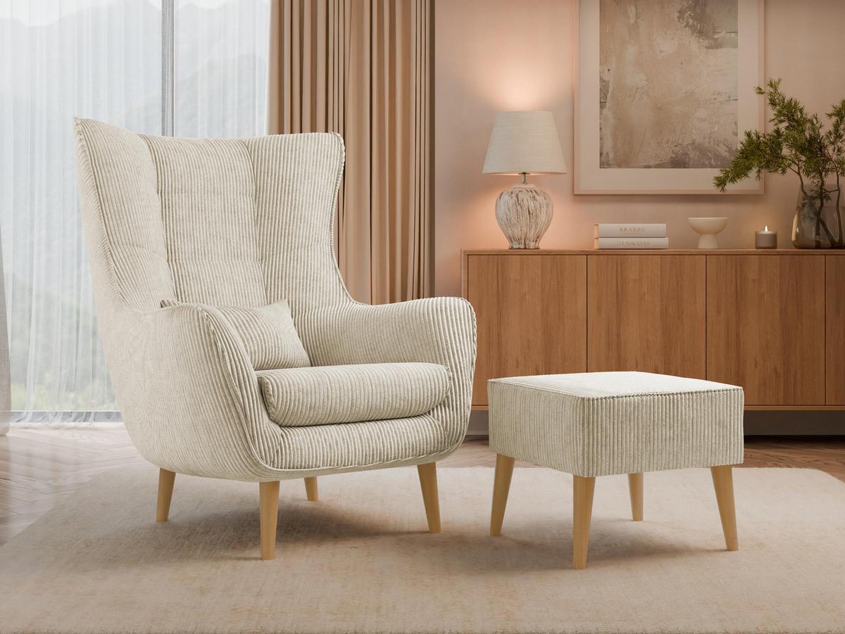 SESSEL Estjano Cord mit Fußbank - Beige/Naturfarben, Holz/Textil (80/106/95cm) - MIRJAN24
