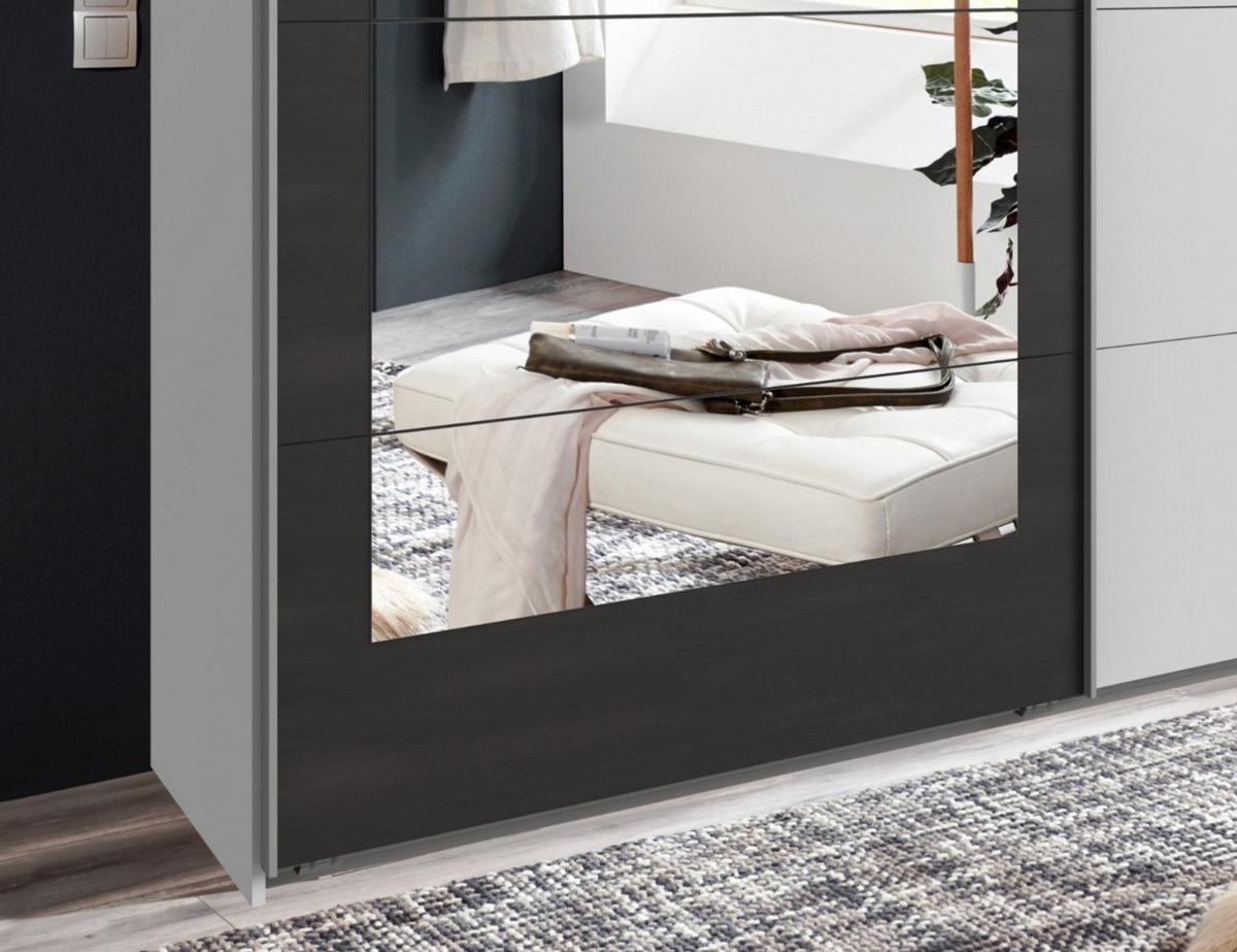 SCHWEBETÜRENSCHRANK 2-türig B225/H208/T65 cm, Kleiderschrank in Weiß mit Rahmenspiegel auf Tür in grauer Stahl-Optik / 22005 - Weiß/Grau, Holzwerkstoff/Metall (225/208/65cm) - luma-home