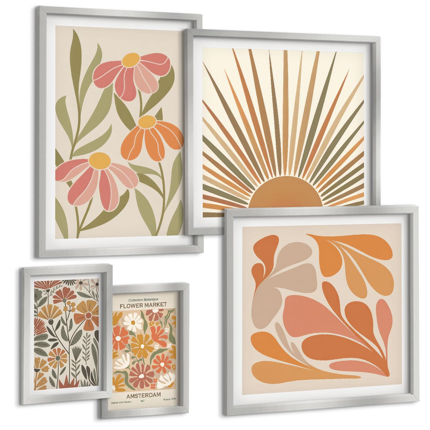 BILDER SET 5er Set - 50x50 cm & 20x30 cm & 40x60 cm Silberner Rahmen - Pastellfarbene Sonnenblumen - Silberfarben, Kunststoff (40/60cm) - TULUP