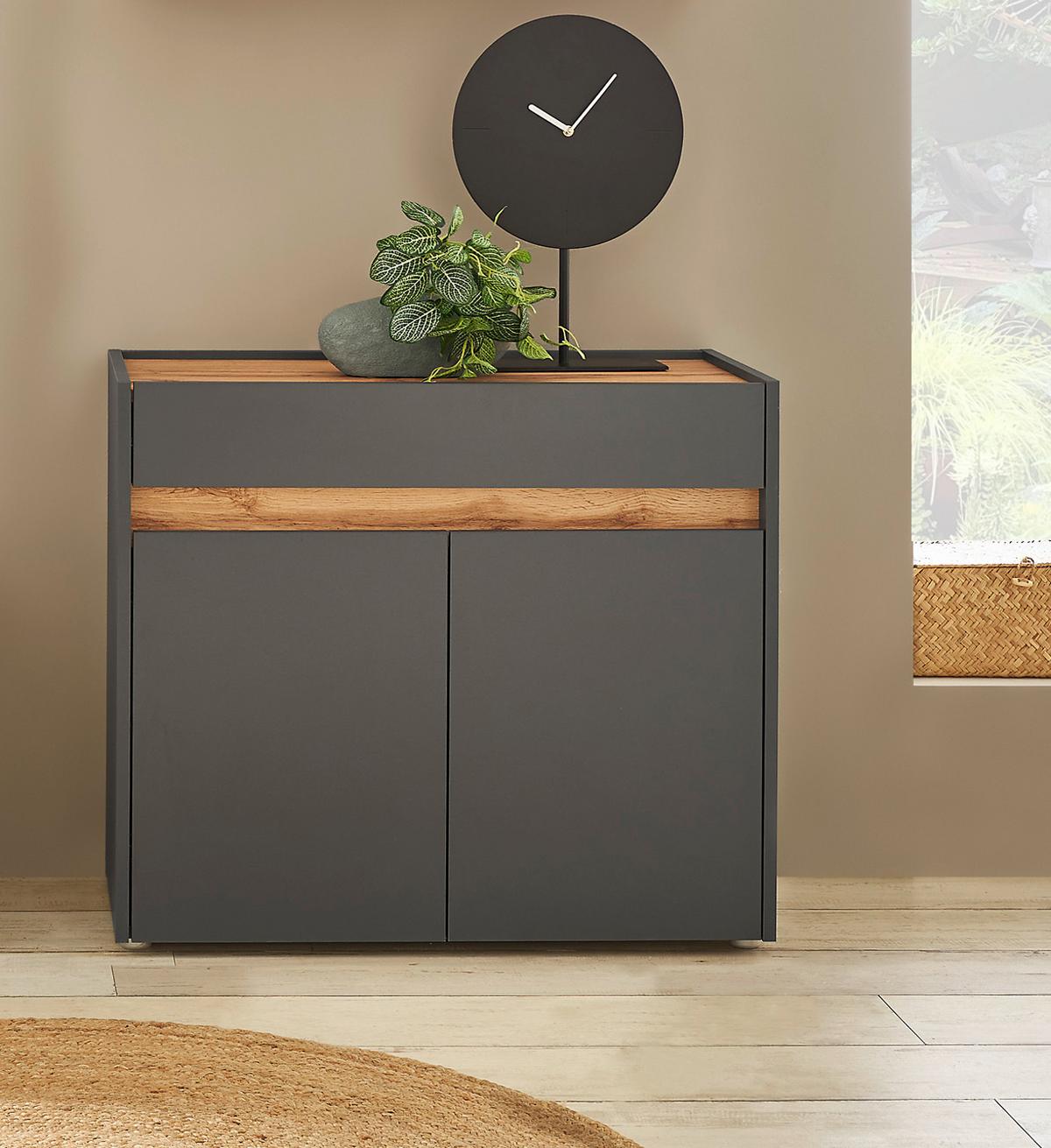FLURKOMMODE grau matt, Eiche Wotan 80 cm, Schuhschrank mit Schubkästen - Eiche Wotan/Silberfarben, Holzwerkstoff/Kunststoff (80/70/40cm) - Furn.Design