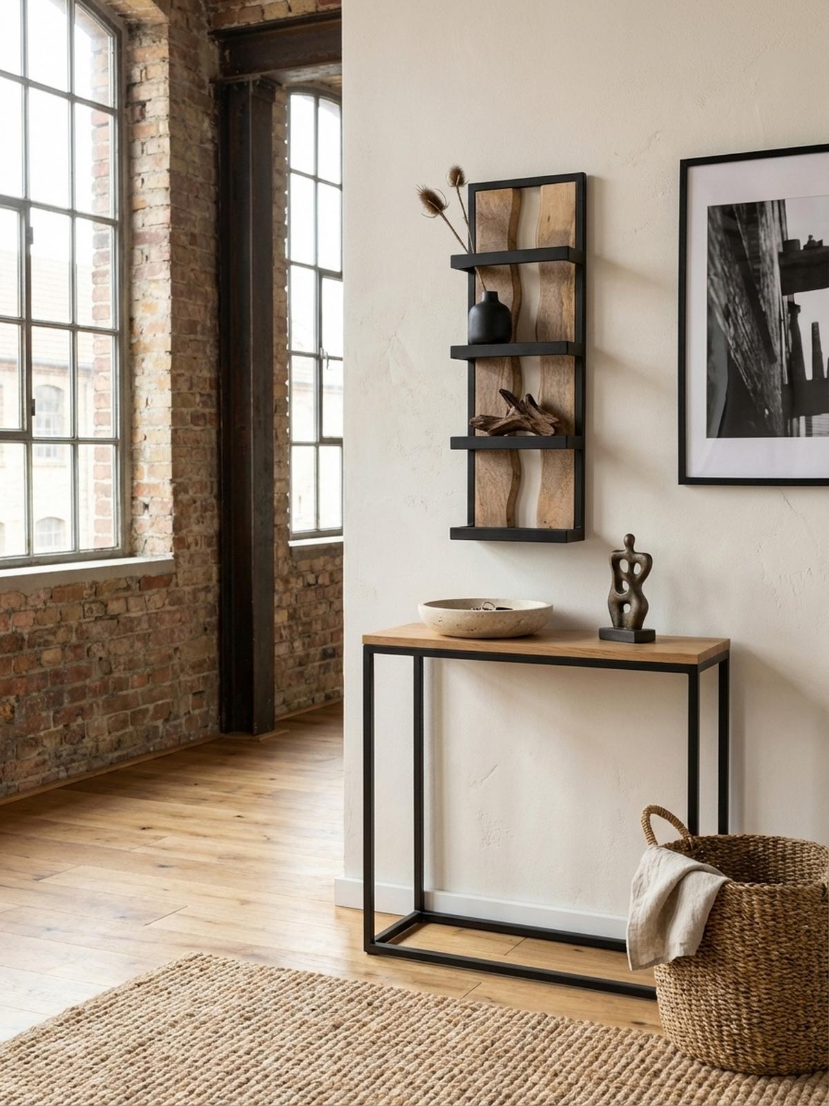 WANDREGAL Mango Massivholz Metall Industrial Stil 30x80x10 cm Rechteckig mit 4 Ablagen und Wellenmuster - Braun, Holz (80/30/10cm) - KADIMA DESIGN