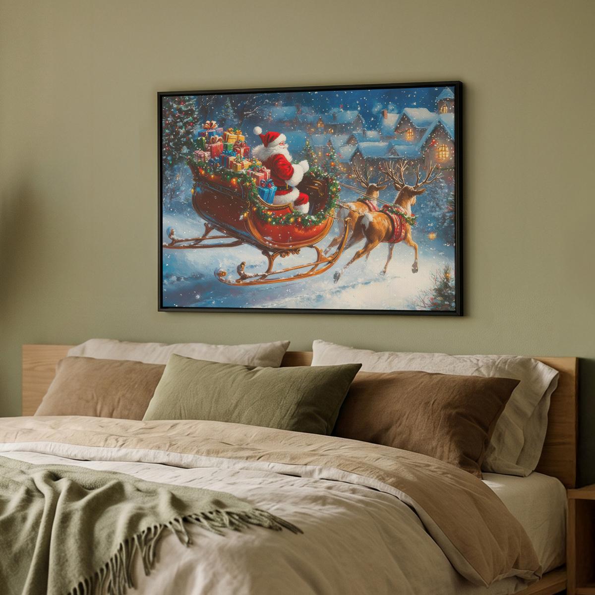 LEINWAND Bilder mit Rahmen - Weihnachtsmann - Rentier - Weihnachten - Schnee - 80x60 - Cognac, Textil (80/60cm) - MuchoWow