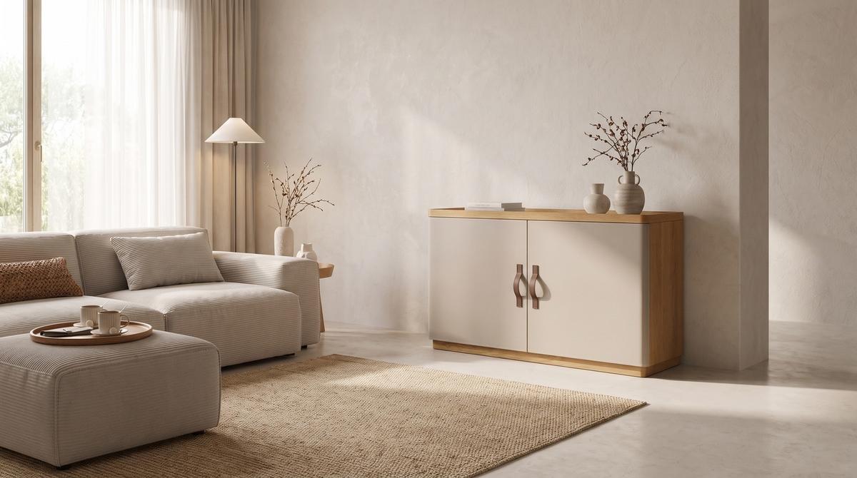 SIDEBOARD FLORIANA Weiß Eiche - Creme, Textil (180/200cm) - KAWOLA