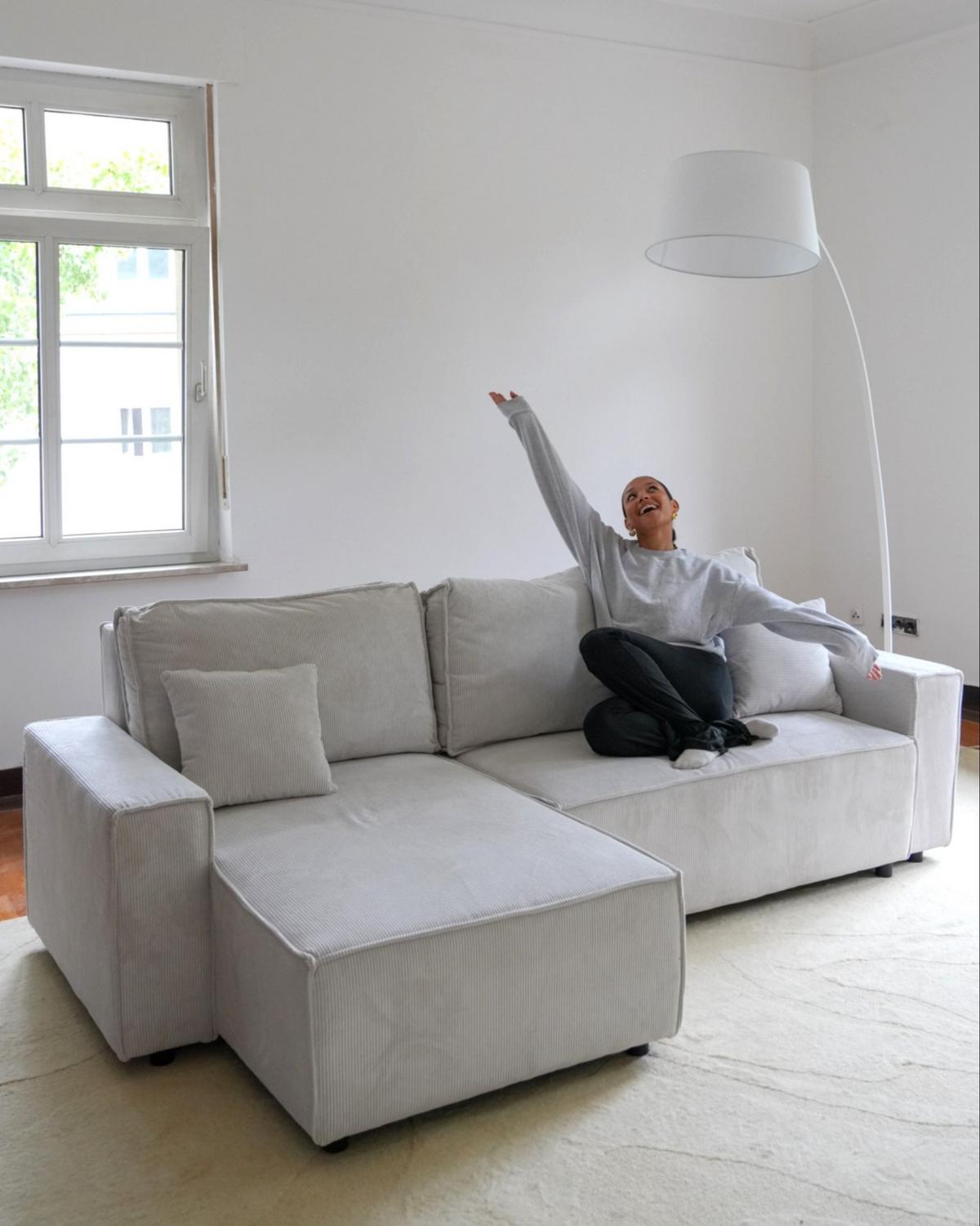 2-SITZER-ECKSOFA Cord cremeweiß linksseitig mit Schlaffunktion Abacka - Schwarz/Weiß, Textil (247/147cm) - Beliani