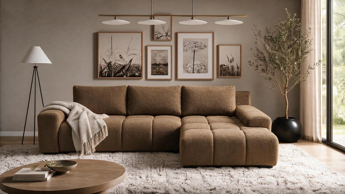 ECKSOFA Ovia mit Bettkasten und Schlaffunktion, Bouclé-Stoff in L-Form - Braun, Textil (270/185cm)