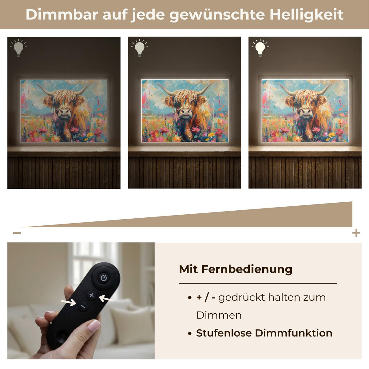 WANDLEUCHTE MIT AKKU Schottische Hochländer - Natur - Farbenfroh - Blumen 40x30 cm - Multicolor, Holzwerkstoff (40/30/8cm) - OnlyWow