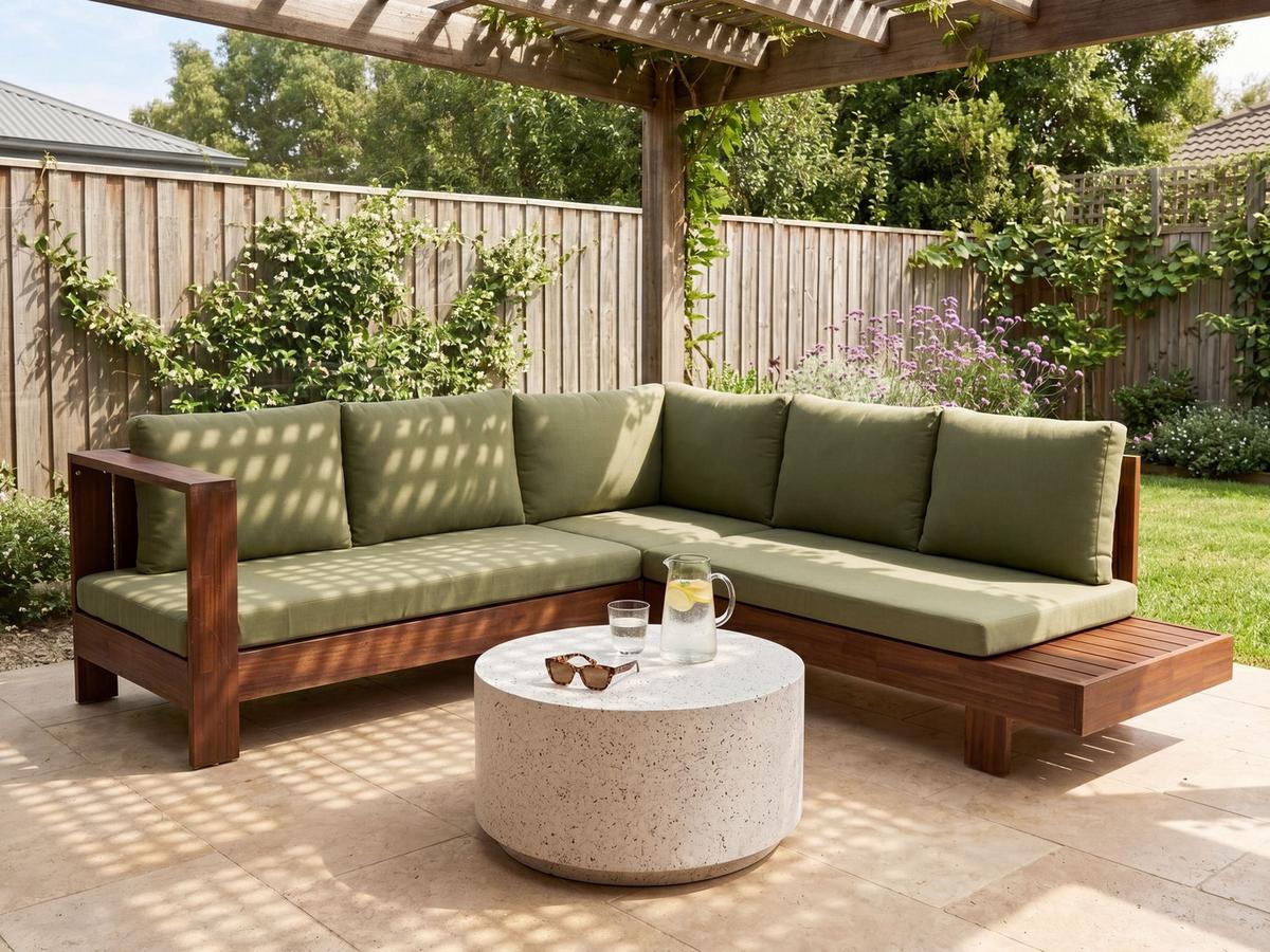 GARTENECKSOFA 5-Sitzer zertifiziertes Akazienholz rechtsseitig Grün Marettimo - Braun/Grün, Holz (225/64/212cm) - Beliani