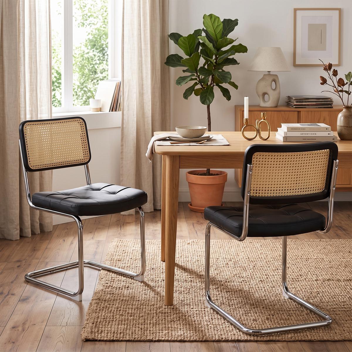 ESSZIMMERSTUHL 2er set kunstleder rattan verchromtes gestell freischwinger - Schwarz, Textil (53/84.6/46.4cm) - Urban Meuble