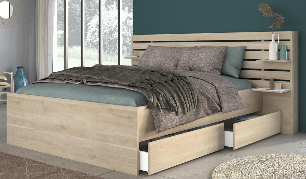 STAURAUMBETT Bett 140x200 cm mit 2 x Bettschubkasten und Ablage - Eichefarben, Holz/Holzwerkstoff (140/200cm) - Parisot Meuble